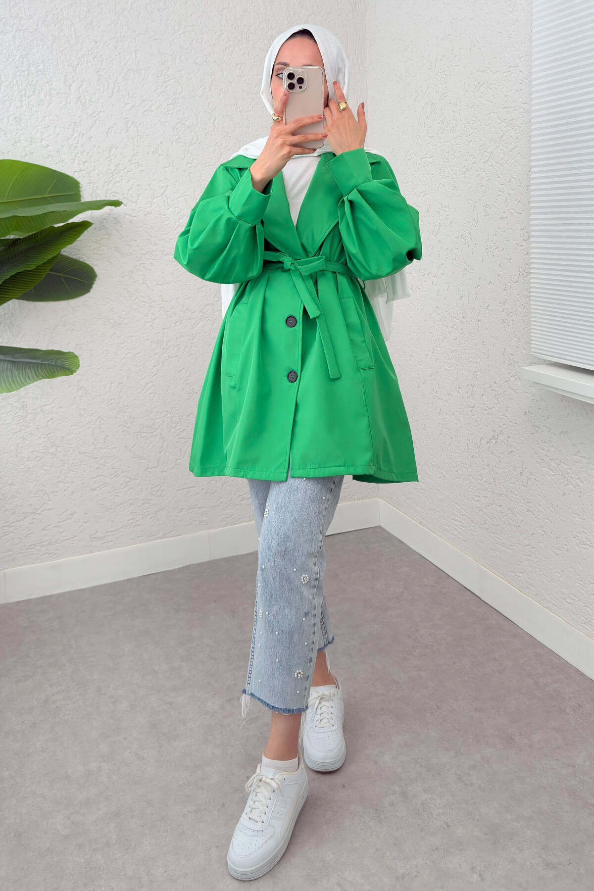 Balon Kol Kuşaklı Trençkot 61657 - YEŞİL |  