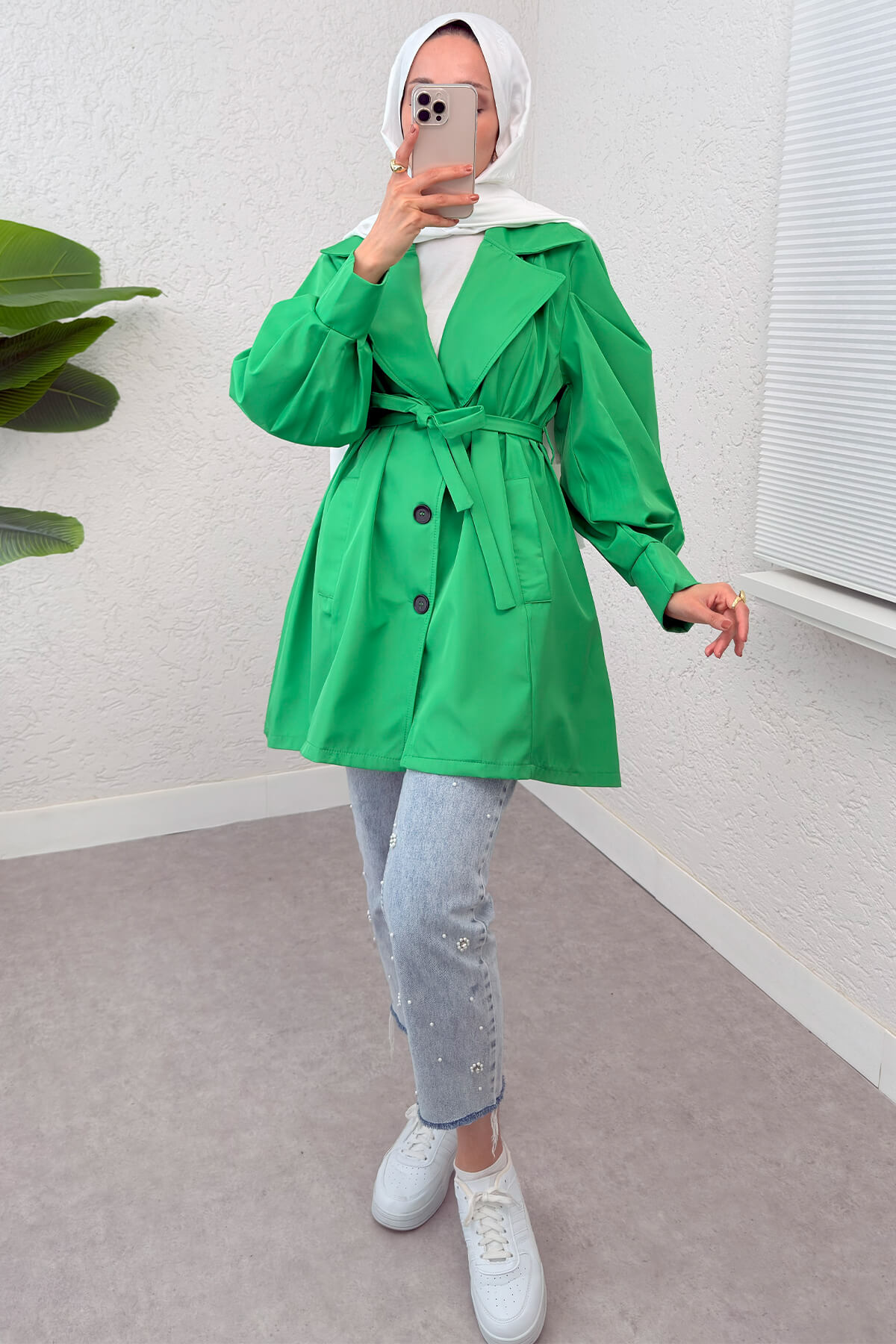 Balon Kol Kuşaklı Trençkot 61657 - YEŞİL |  