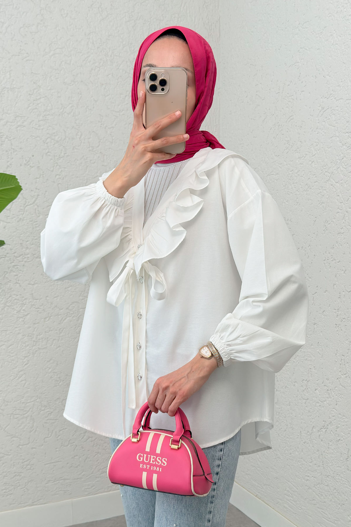 Degaje Yaka Fırfırlı Tunik 2296 - BEYAZ |  