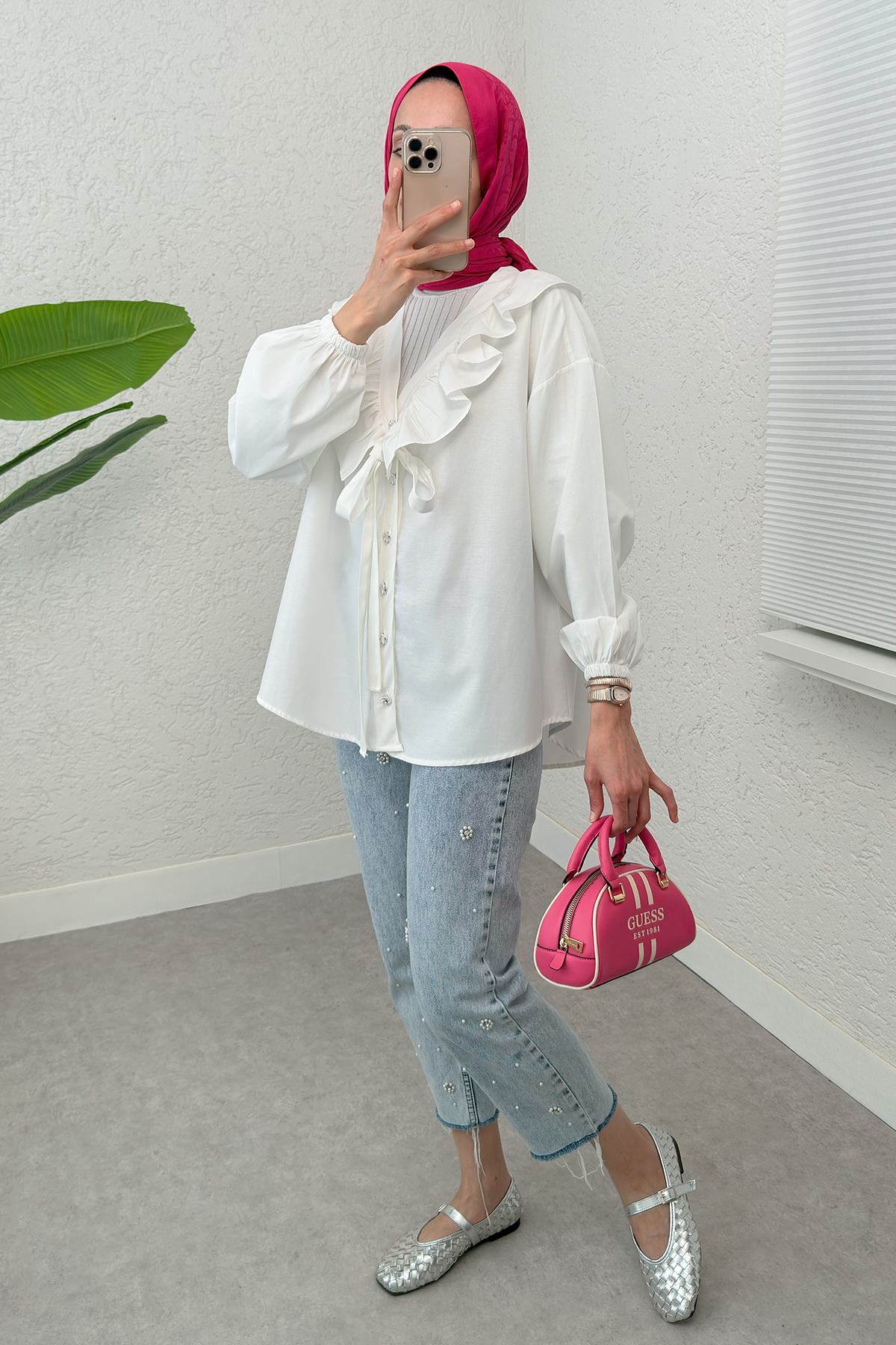 Degaje Yaka Fırfırlı Tunik 2296 - BEYAZ |  