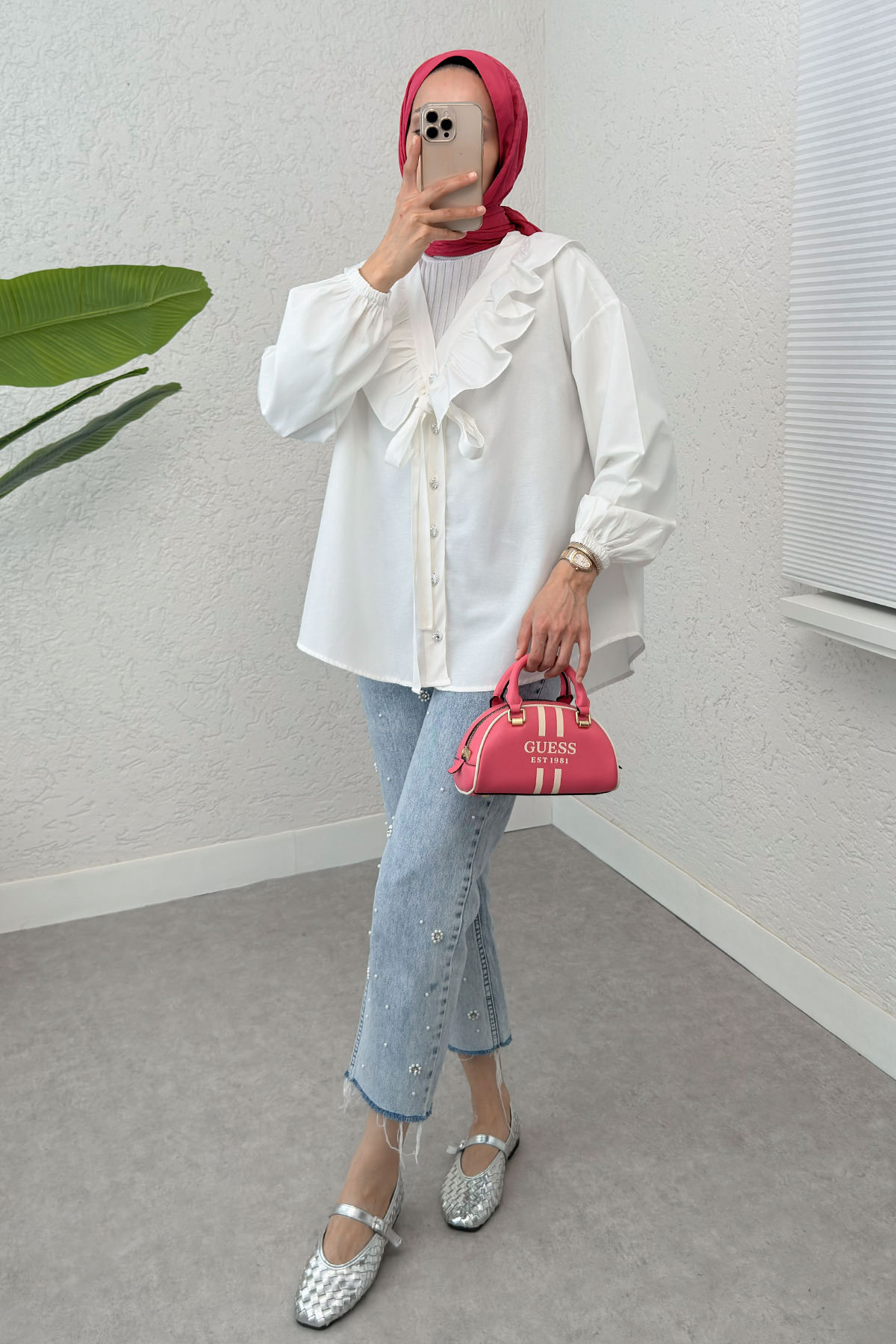 Degaje Yaka Fırfırlı Tunik 2296 - BEYAZ |  