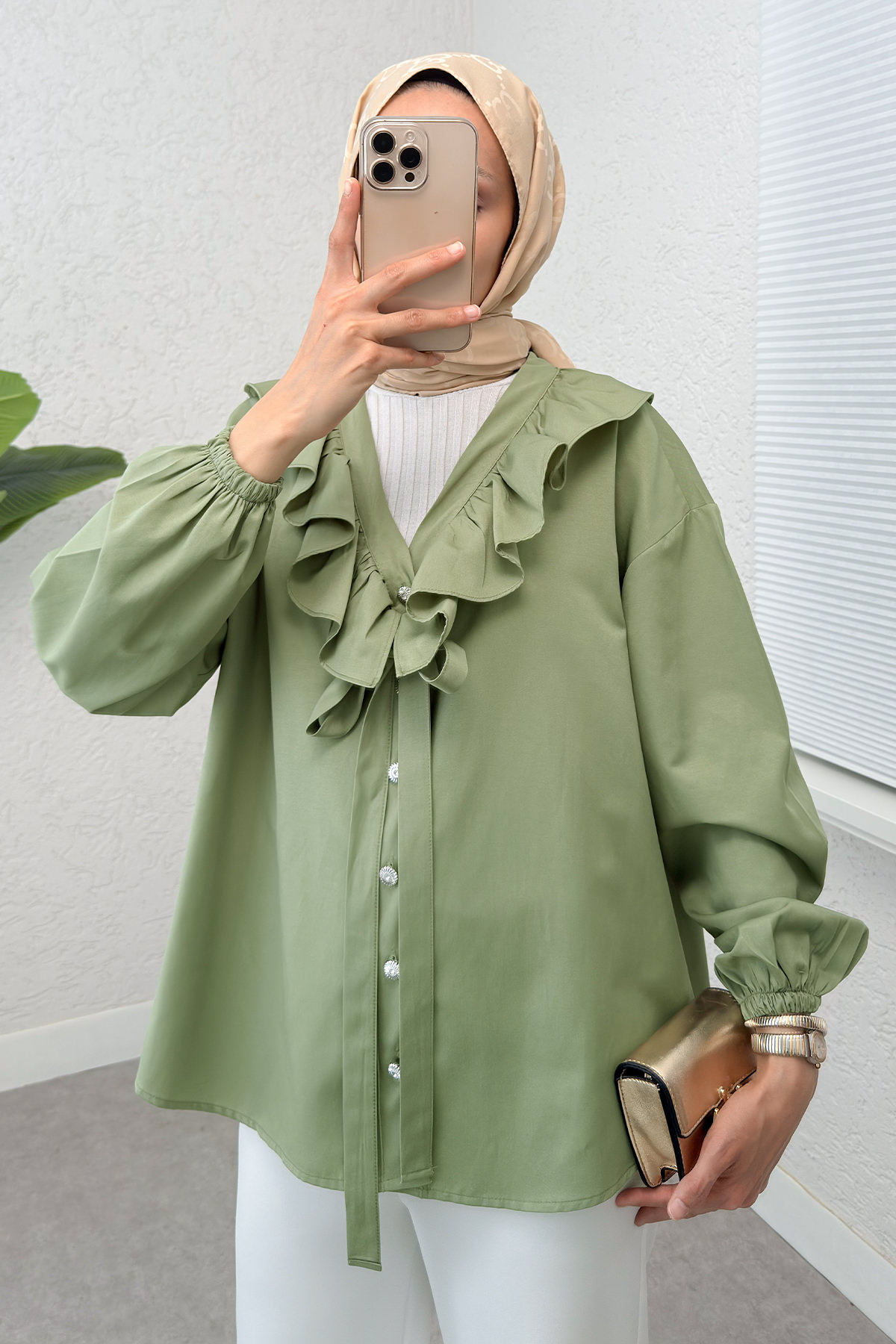 Degaje Yaka Fırfırlı Tunik 2296 - MİNT YEŞİLİ |  