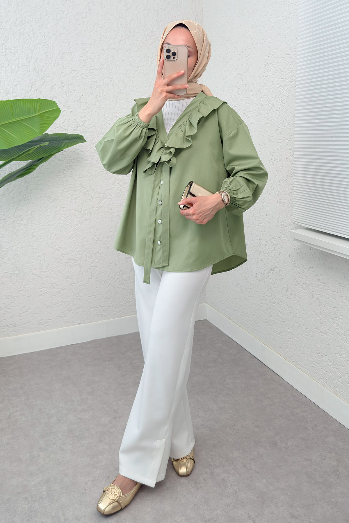 Degaje Yaka Fırfırlı Tunik 2296 - MİNT YEŞİLİ |  