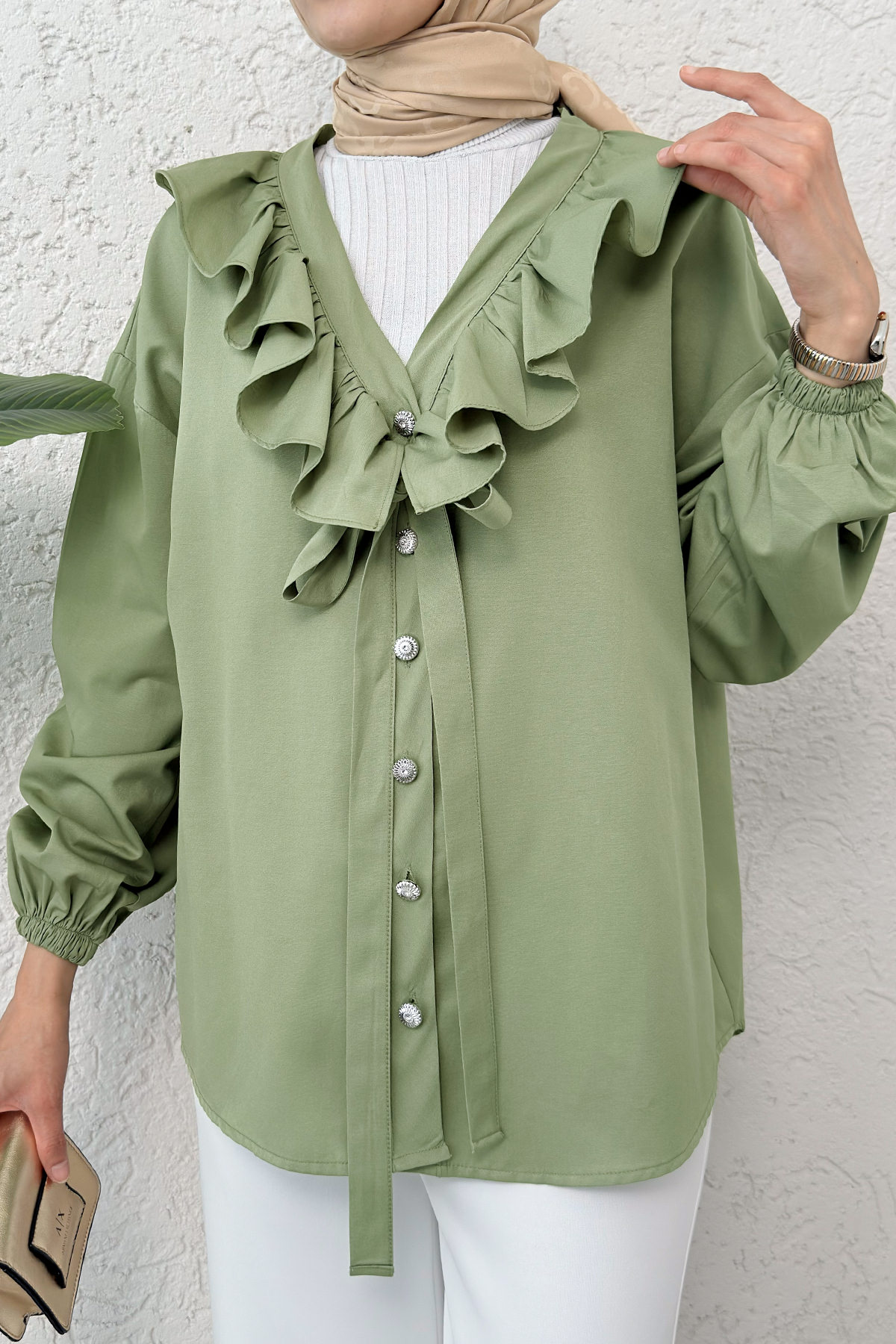 Degaje Yaka Fırfırlı Tunik 2296 - MİNT YEŞİLİ |  