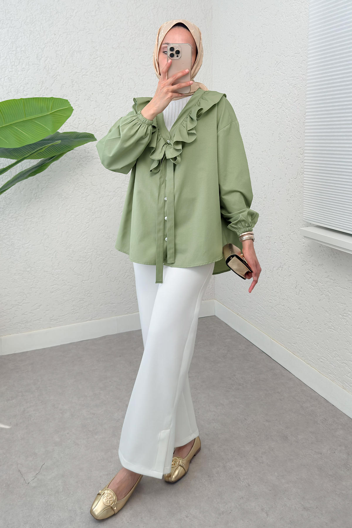 Degaje Yaka Fırfırlı Tunik 2296 - MİNT YEŞİLİ |  