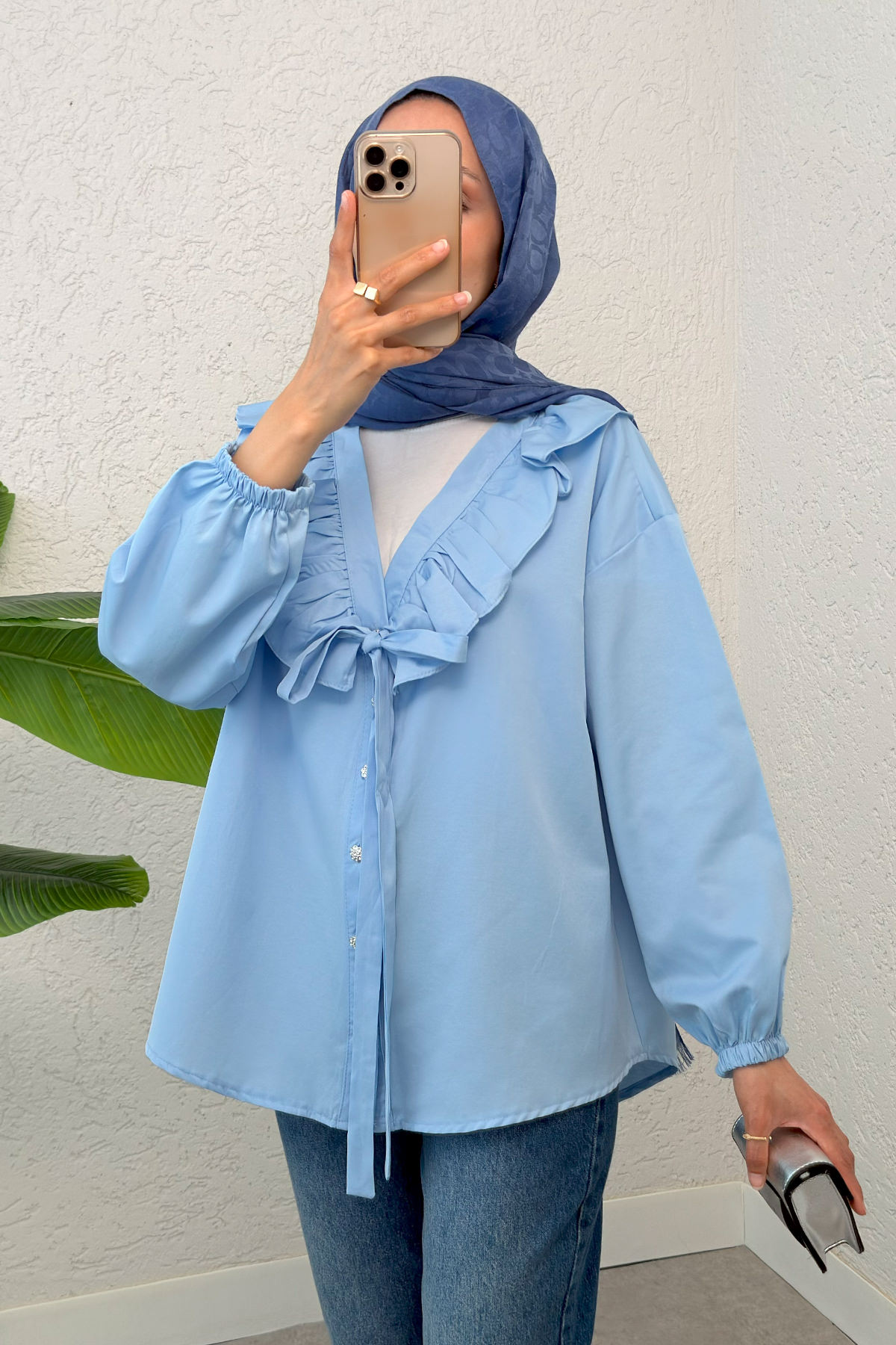 Degaje Yaka Fırfırlı Tunik 2296 - BEBE MAVİSİ |  