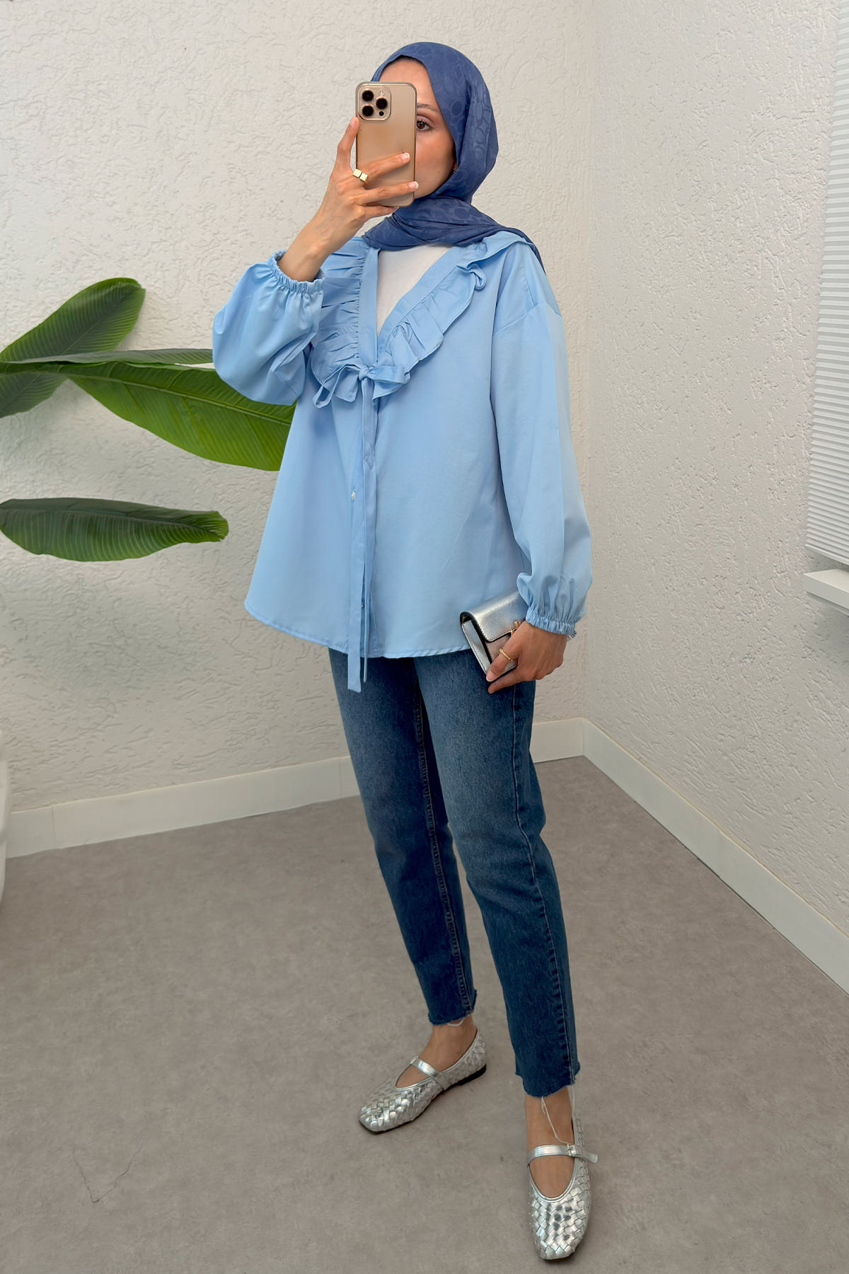 Degaje Yaka Fırfırlı Tunik 2296 - BEBE MAVİSİ |  