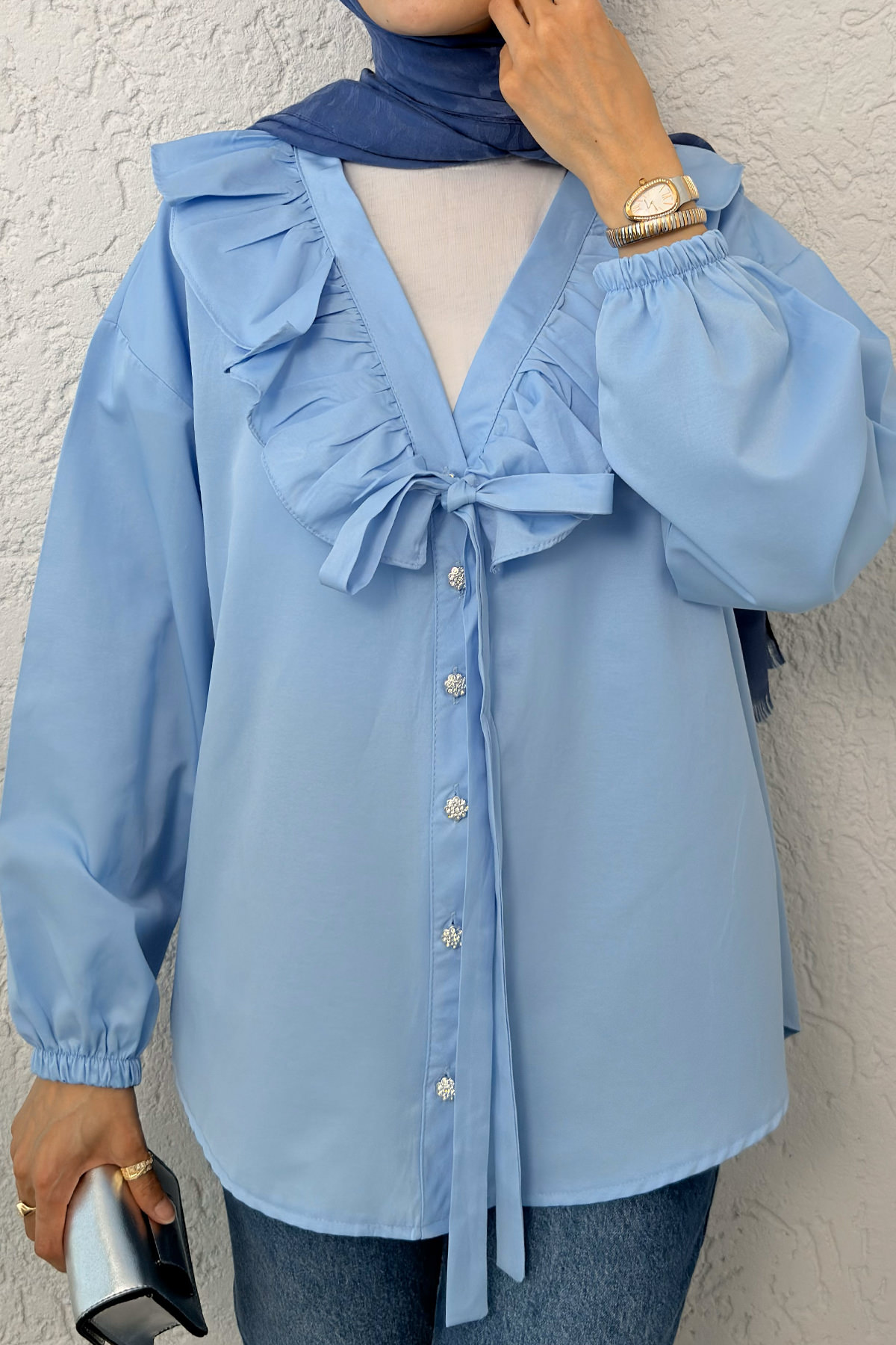 Degaje Yaka Fırfırlı Tunik 2296 - BEBE MAVİSİ |  