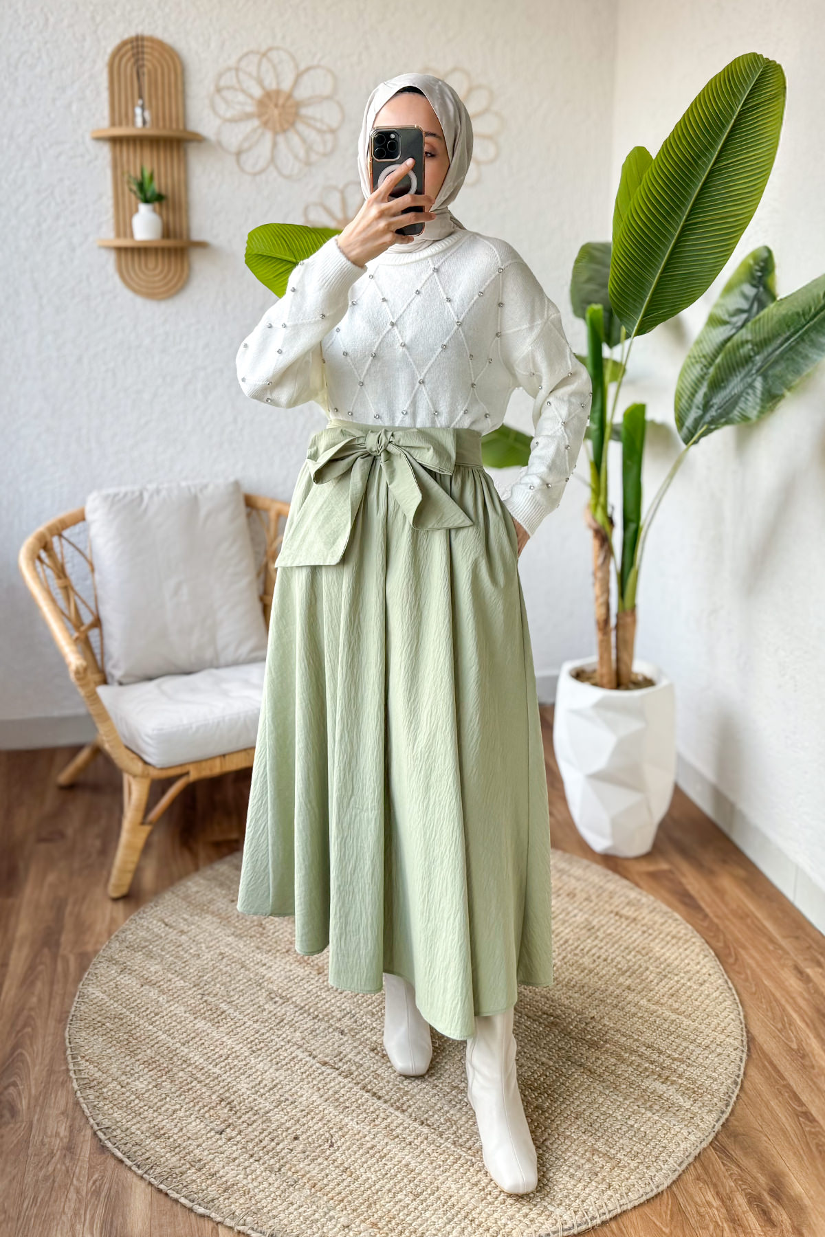 Fiyonk Detaylı Kloş Etek 2197 - Mint Yeşili |  