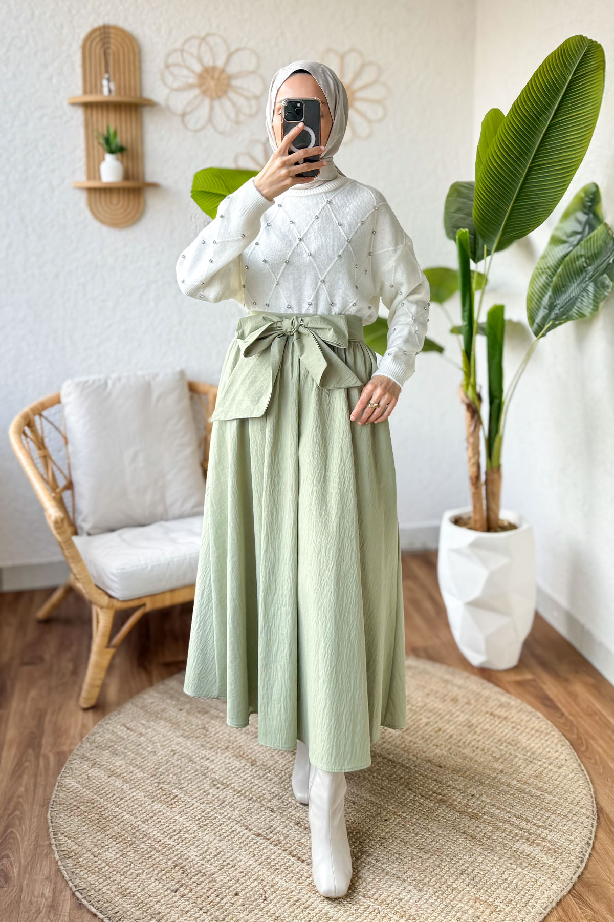 Fiyonk Detaylı Kloş Etek 2197 - Mint Yeşili |  