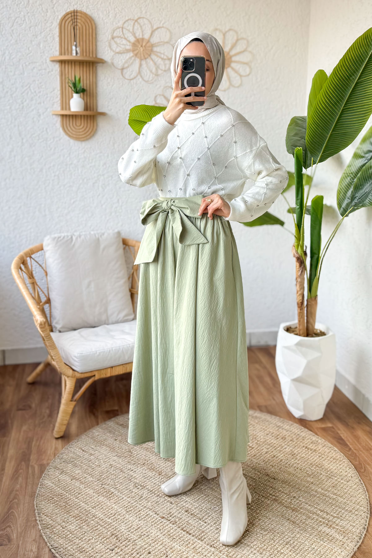 Fiyonk Detaylı Kloş Etek 2197 - Mint Yeşili |  