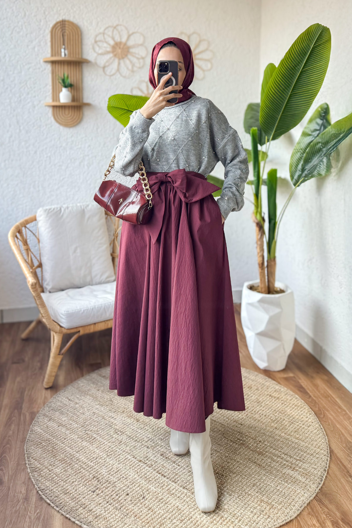 Fiyonk Detaylı Kloş Etek 2197 - BORDO |  