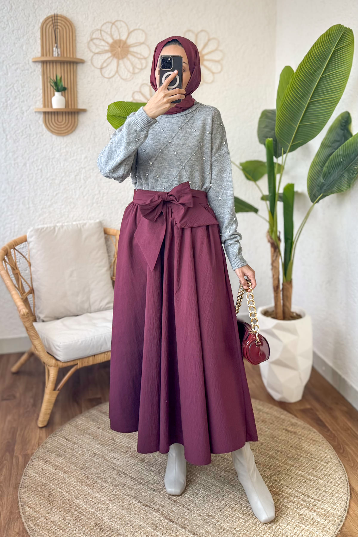 Fiyonk Detaylı Kloş Etek 2197 - BORDO |  