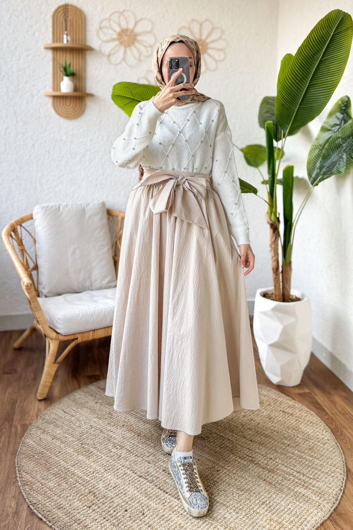 Fiyonk Detaylı Kloş Etek 2197 - TAŞ RENGİ |  