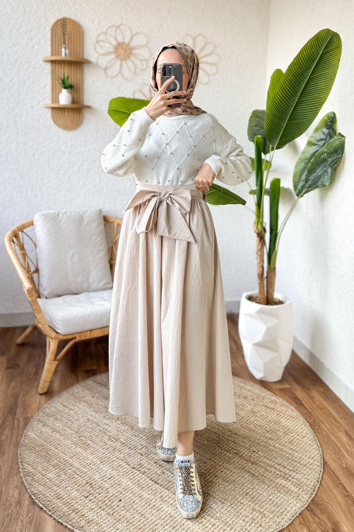 Fiyonk Detaylı Kloş Etek 2197 - TAŞ RENGİ |  