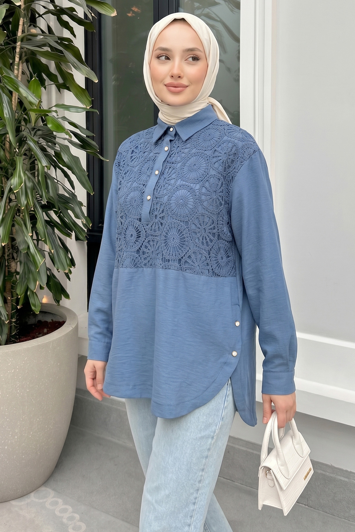 Önü Dantel Detaylı Tunik 61640 - İNDİGO |  