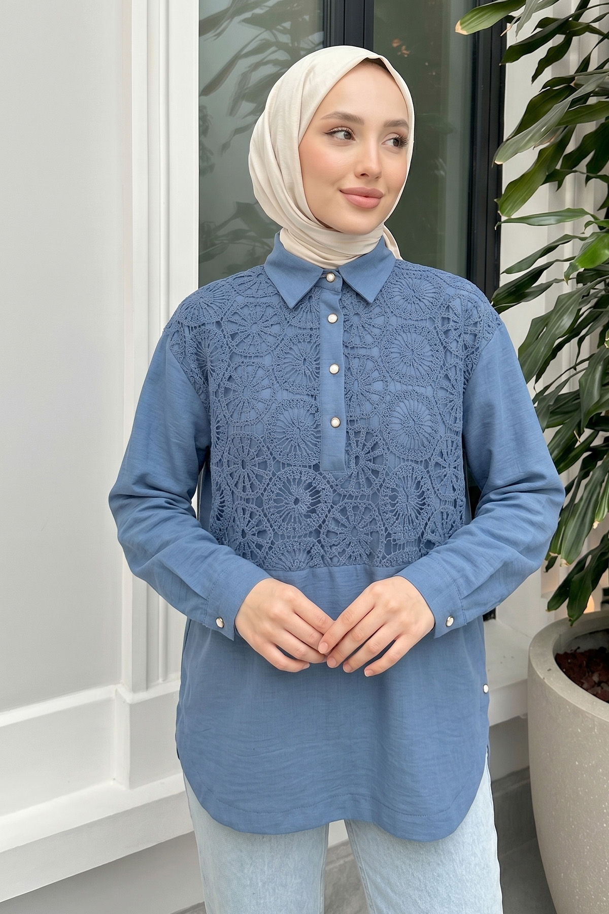 Önü Dantel Detaylı Tunik 61640 - İNDİGO |  