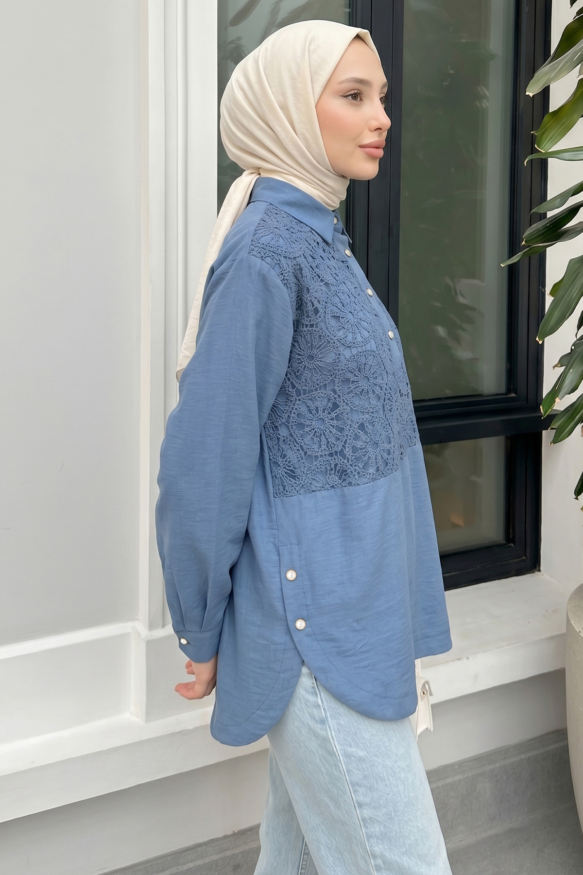 Önü Dantel Detaylı Tunik 61640 - İNDİGO |  