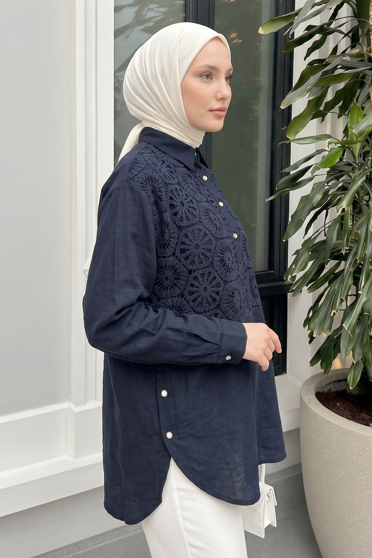 Önü Dantel Detaylı Tunik 61640 - KOYU LACİVERT |  