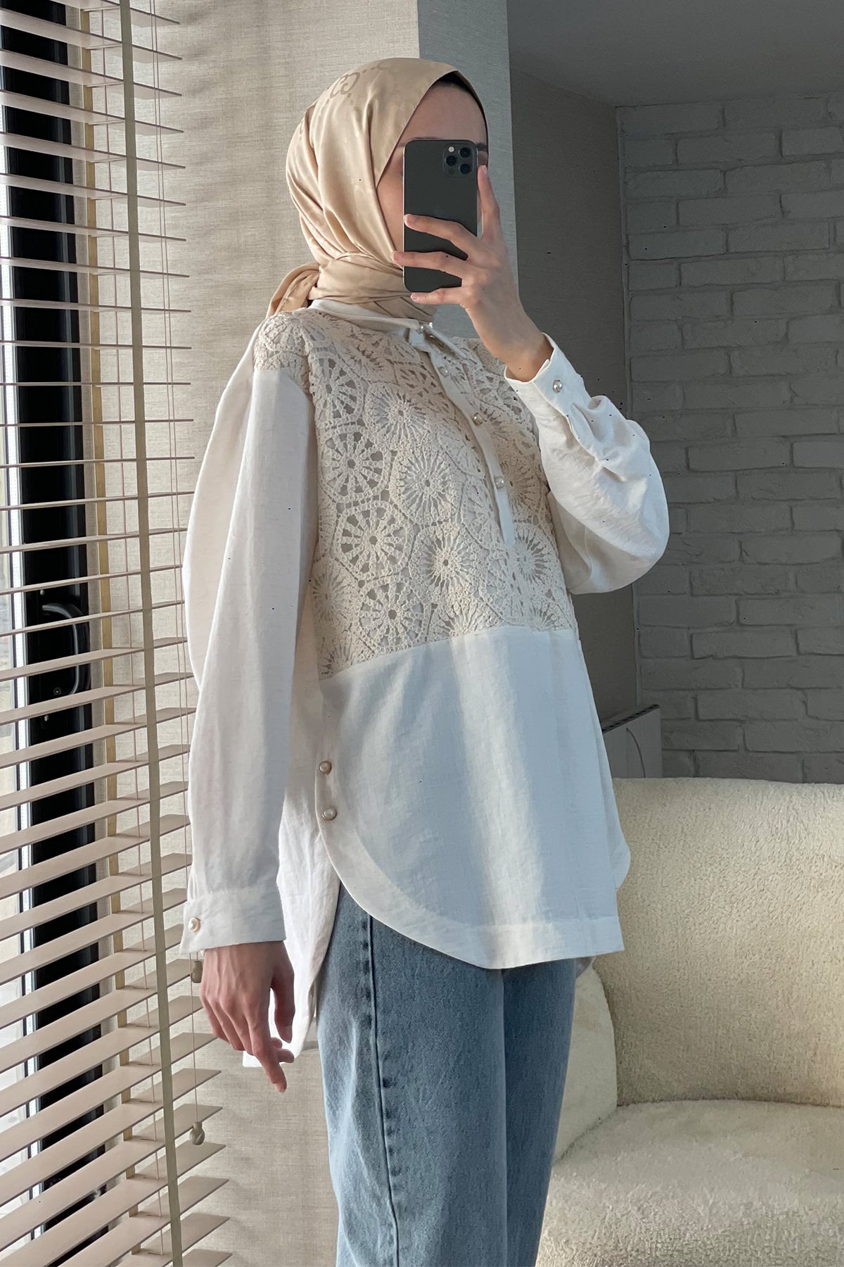 61640 Önü Dantel Detaylı Tunik - BEJ |  