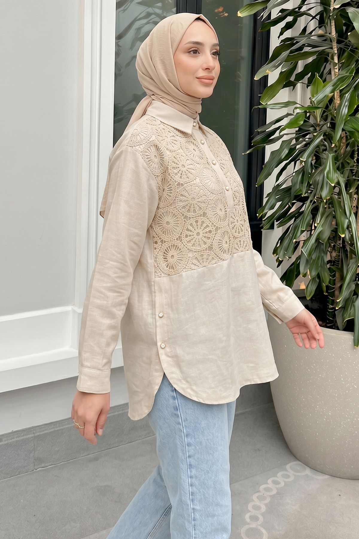 Önü Dantel Detaylı Tunik 61640 - BEJ |  