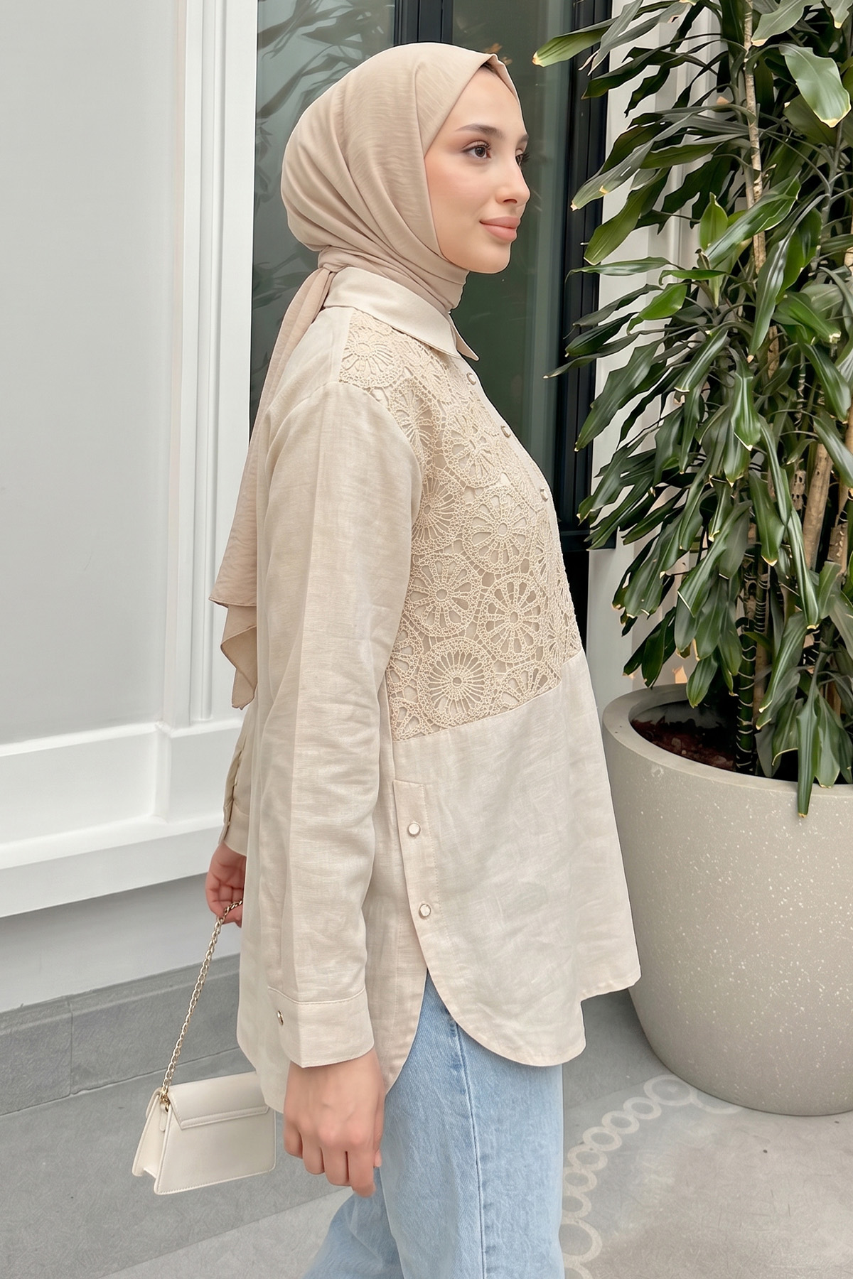 Önü Dantel Detaylı Tunik 61640 - BEJ |  