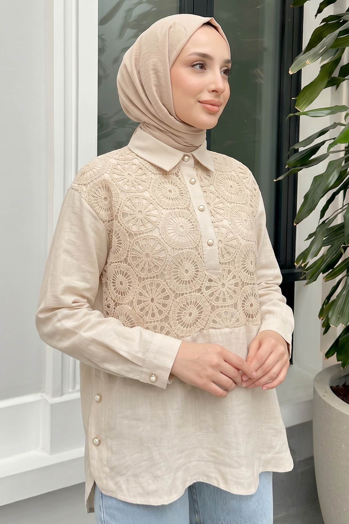 Önü Dantel Detaylı Tunik 61640 - BEJ |  