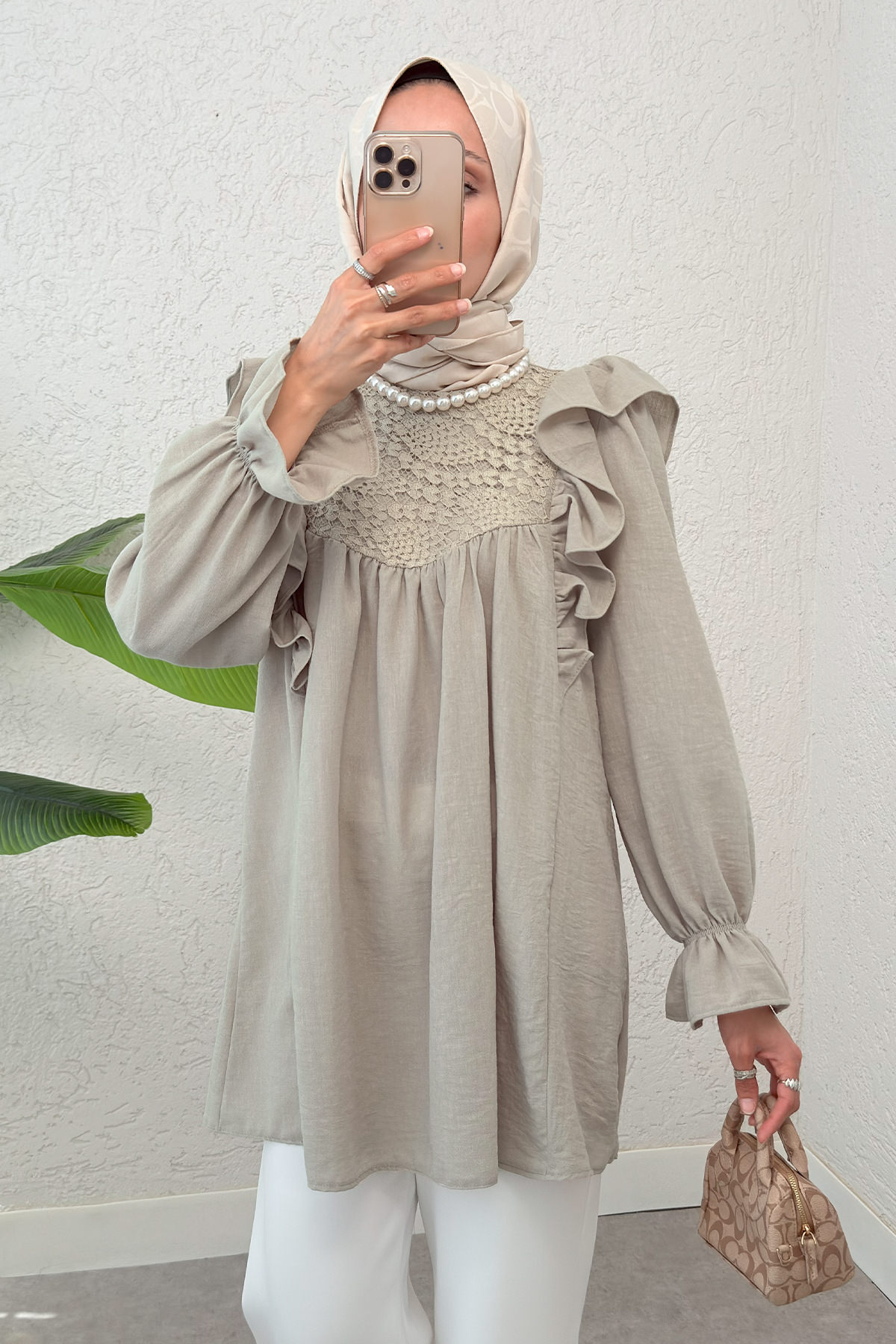 Omuz Fırfır Detaylı Tunik 2044 - KOYU BEJ |  