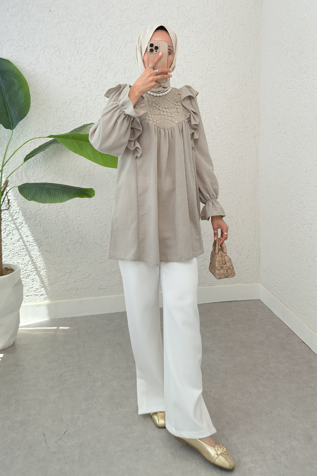 Omuz Fırfır Detaylı Tunik 2044 - KOYU BEJ |  