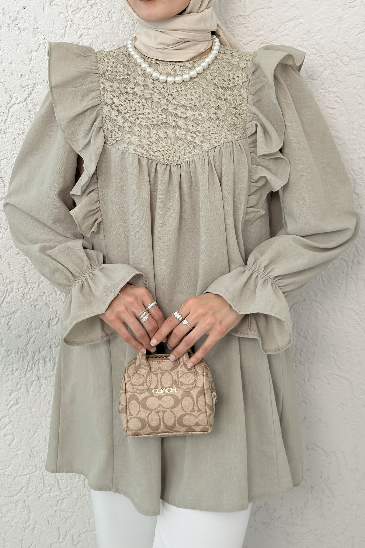 Omuz Fırfır Detaylı Tunik 2044 - KOYU BEJ |  