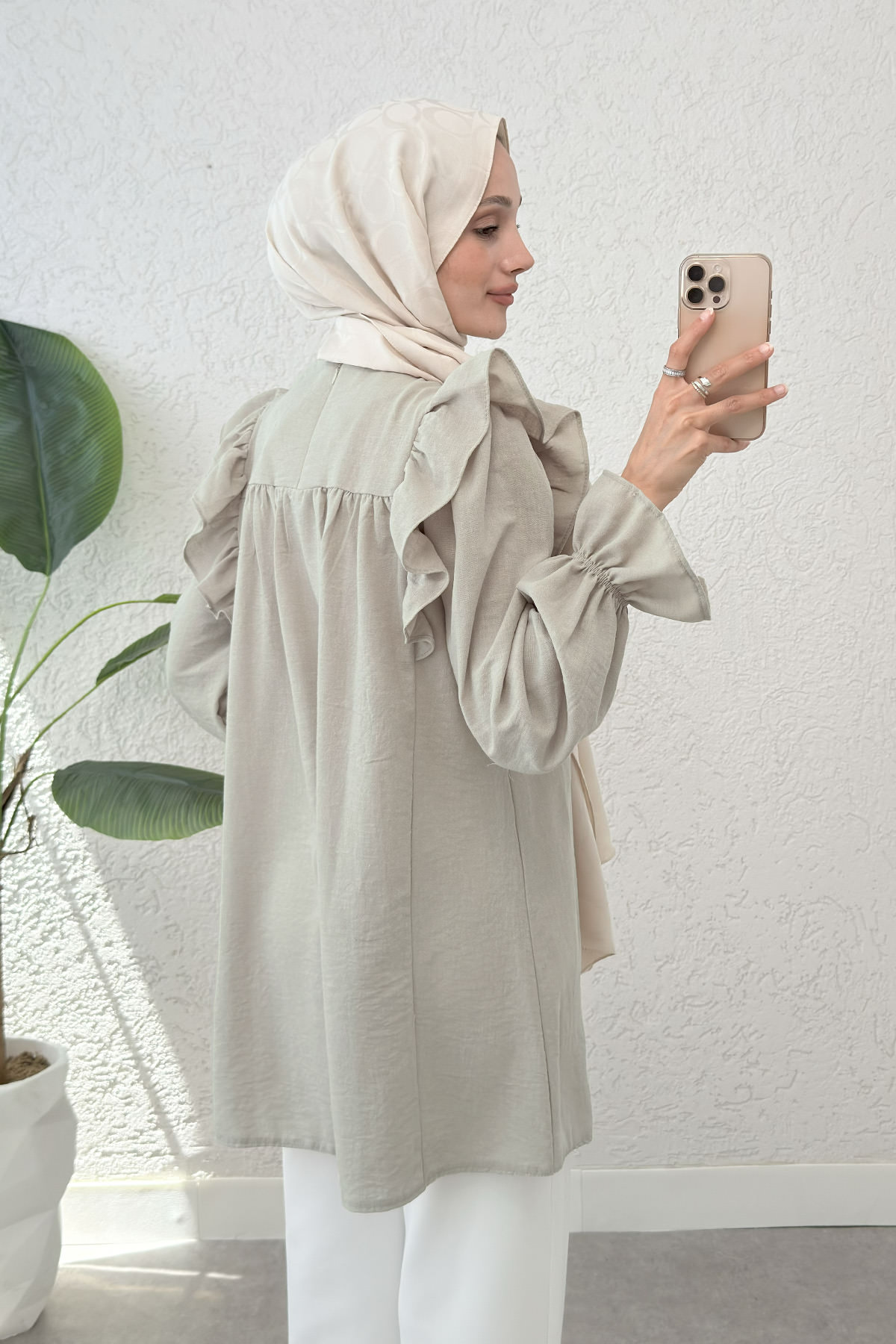 Omuz Fırfır Detaylı Tunik 2044 - KOYU BEJ |  