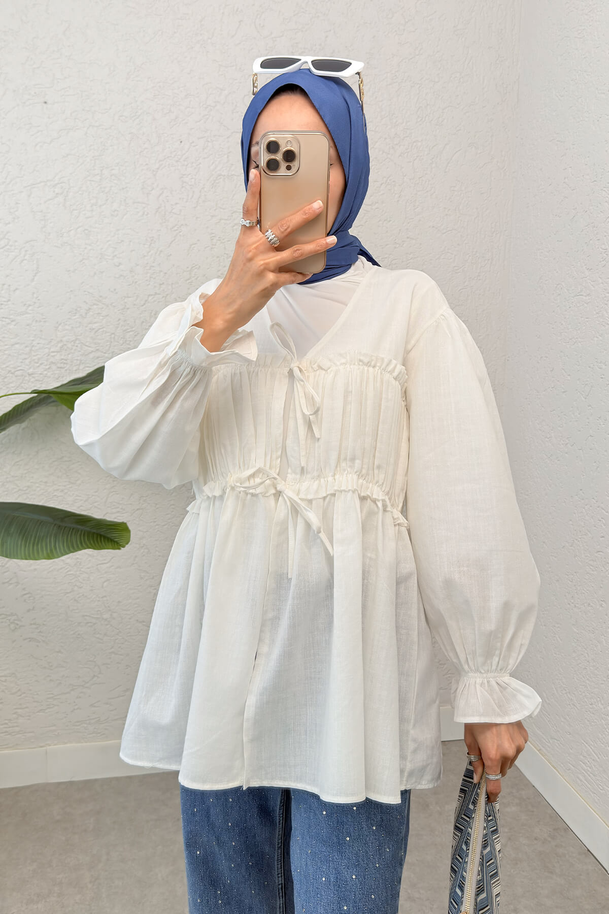 Ön Büzgülü Kimono Tunik 2307 - KREM |  