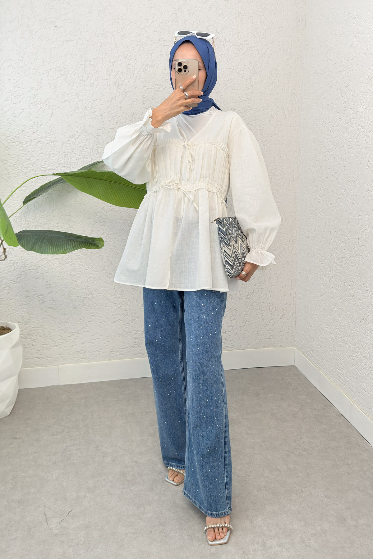 Ön Büzgülü Kimono Tunik 2307 - KREM |  