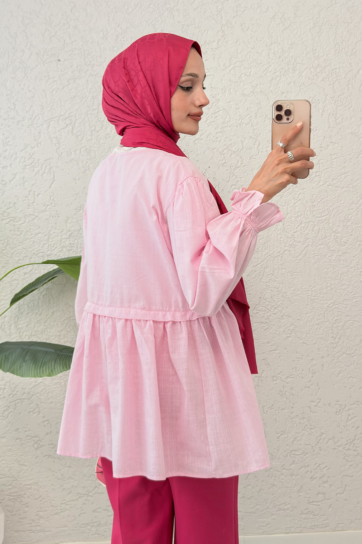 Ön Büzgülü Kimono Tunik 2307 - PEMBE |  