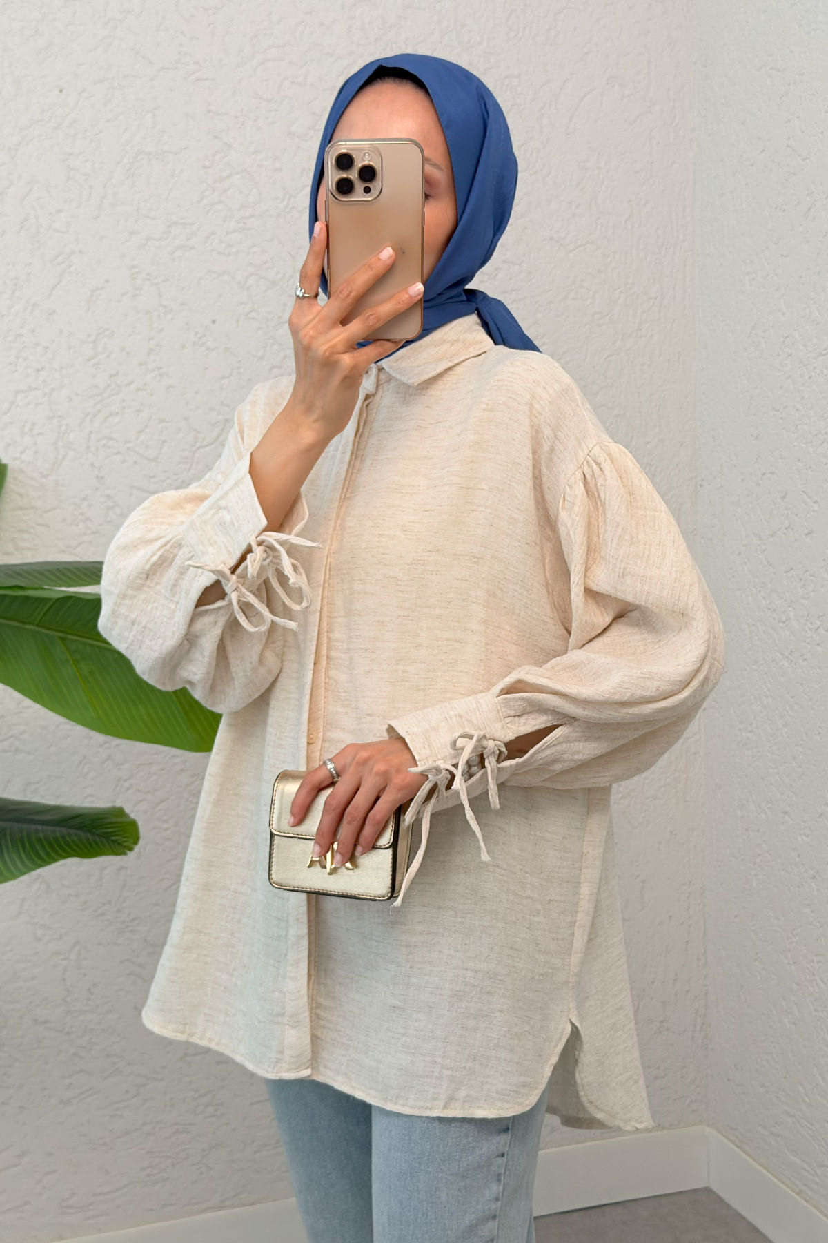 Manşet Bağcıklı Keten Gömlek 2320 - BEJ |  