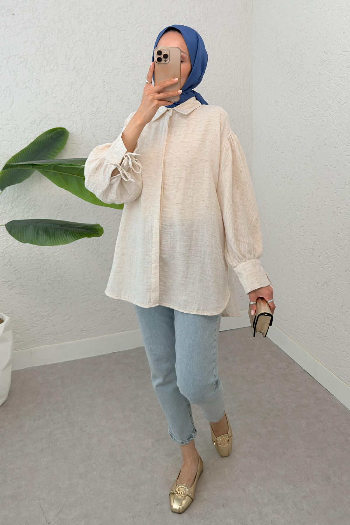 Manşet Bağcıklı Keten Gömlek 2320 - BEJ |  