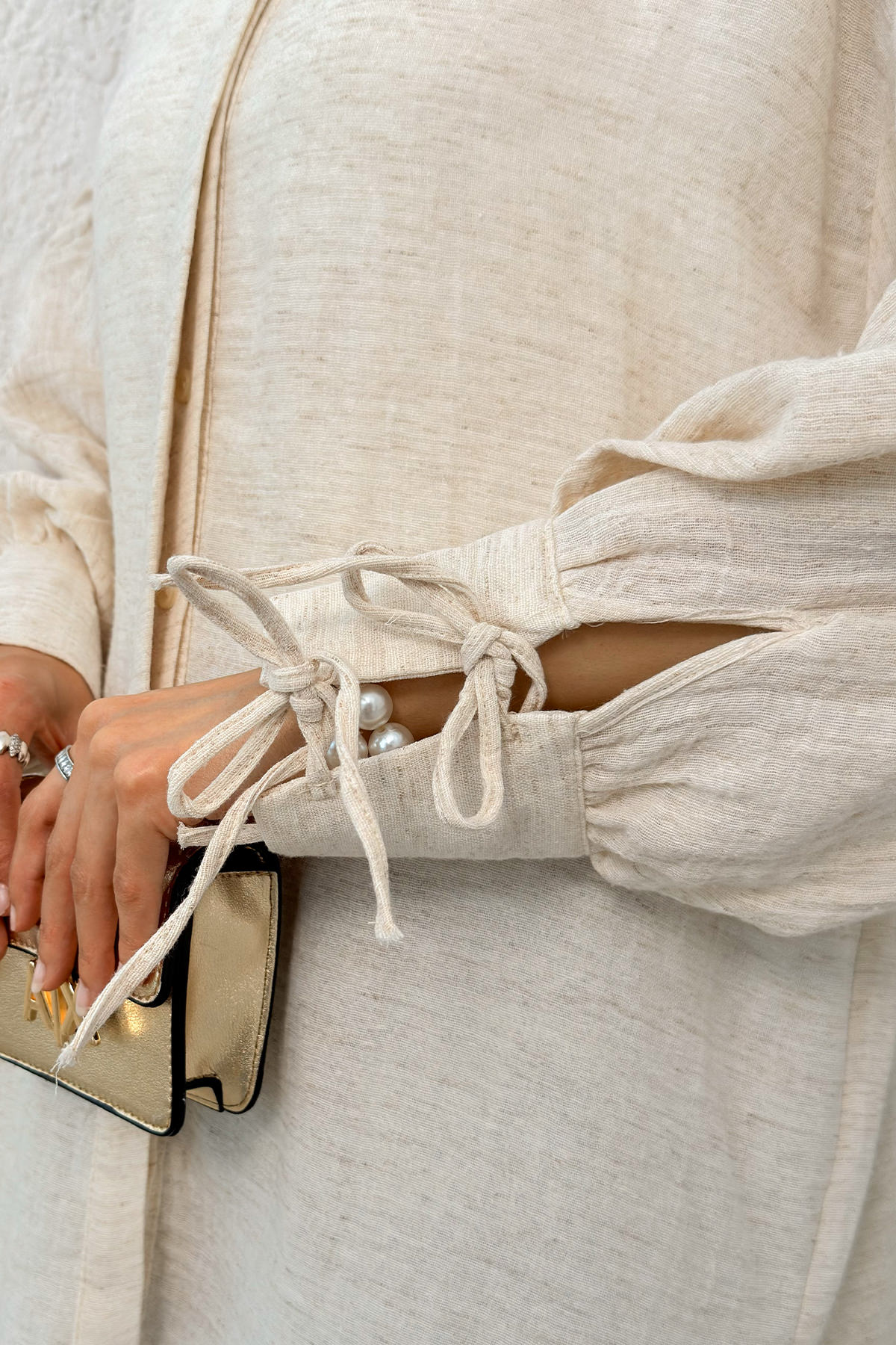 Manşet Bağcıklı Keten Gömlek 2320 - BEJ |  