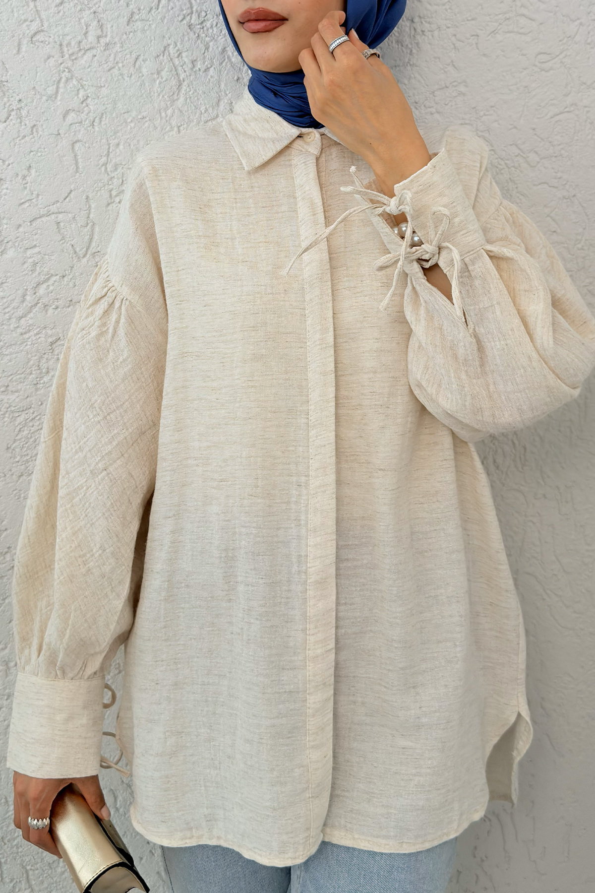 Manşet Bağcıklı Keten Gömlek 2320 - BEJ |  