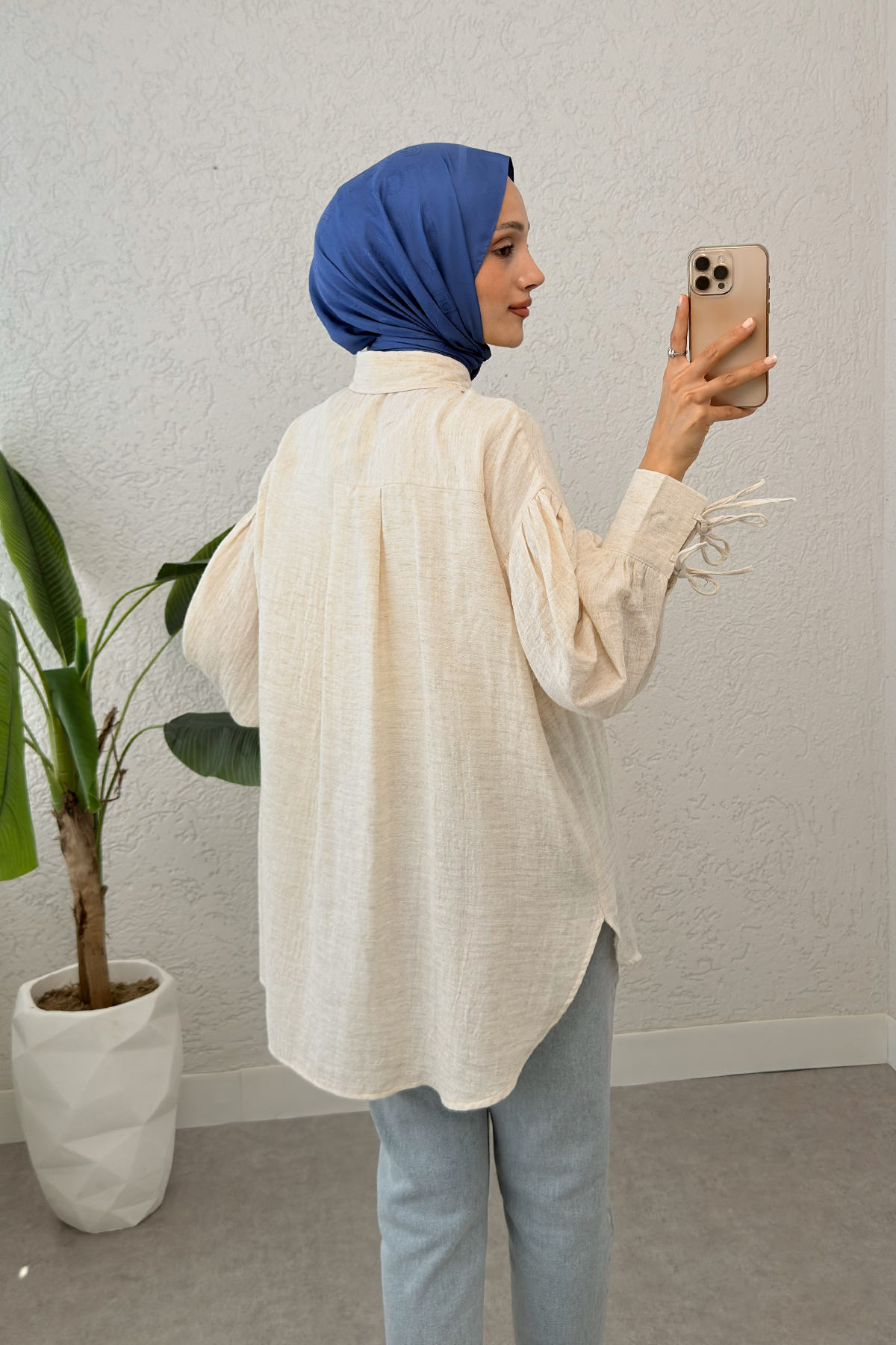 Manşet Bağcıklı Keten Gömlek 2320 - BEJ |  