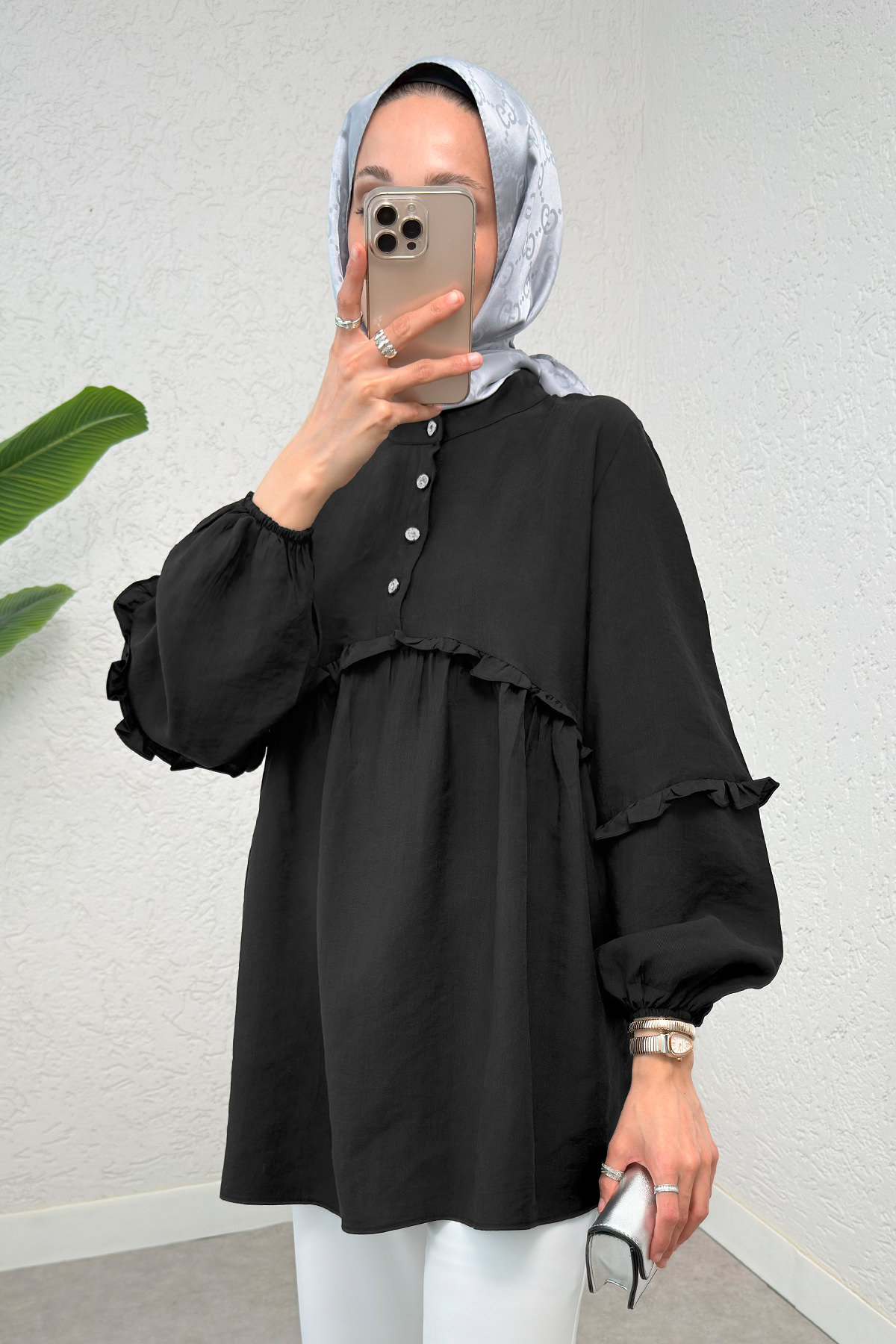 Fırfırlı Balon Kol Tunik - SİYAH |  