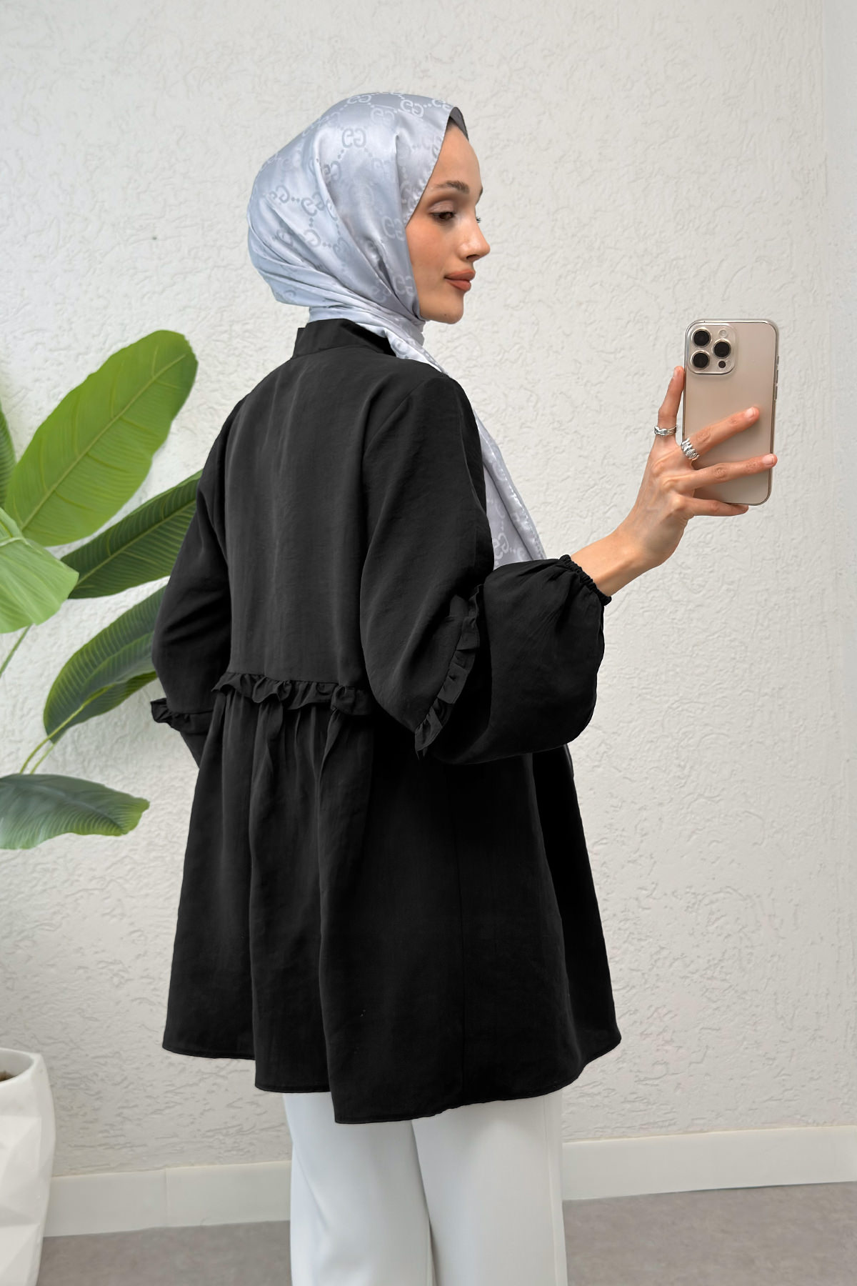 Fırfırlı Balon Kol Tunik - SİYAH |  