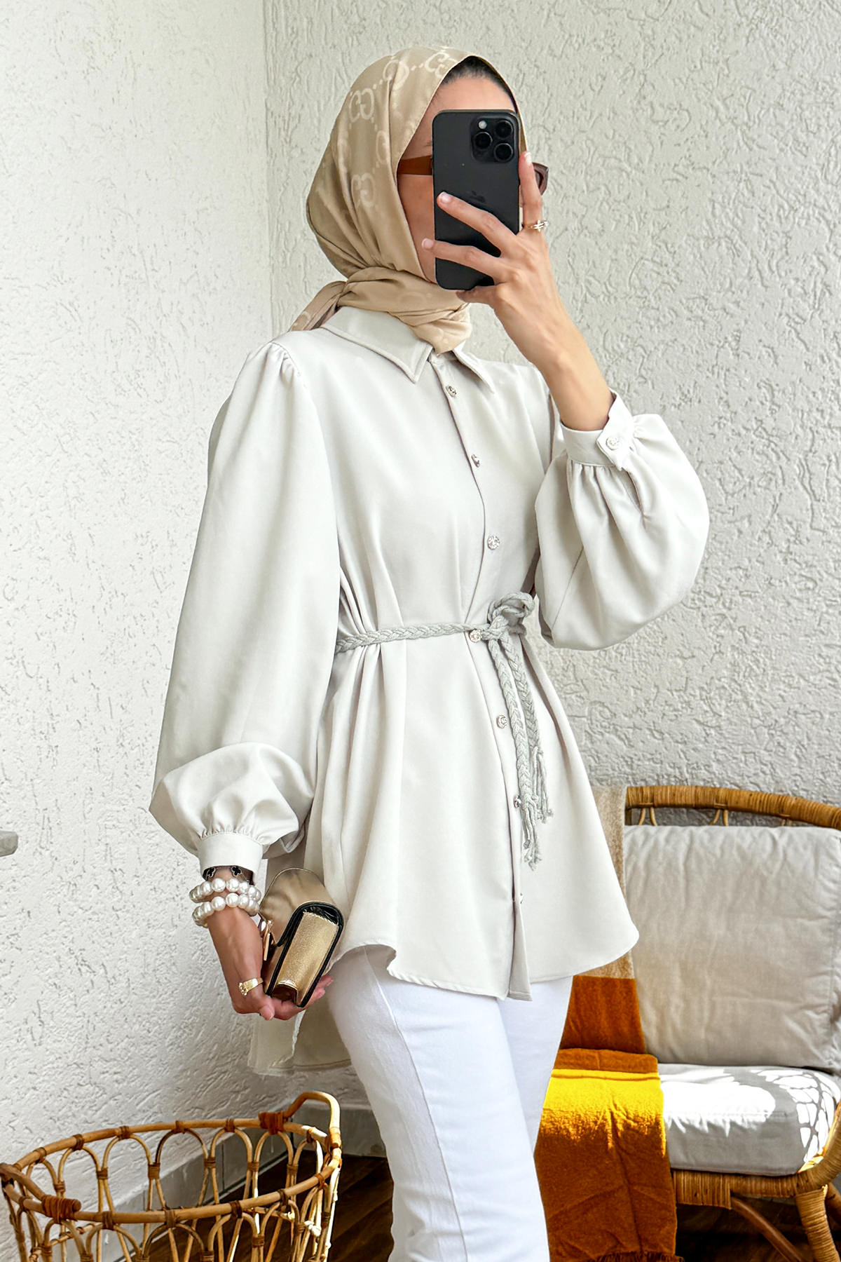 2172 Örgü Kemerli Tunik - FİL DİŞİ |  