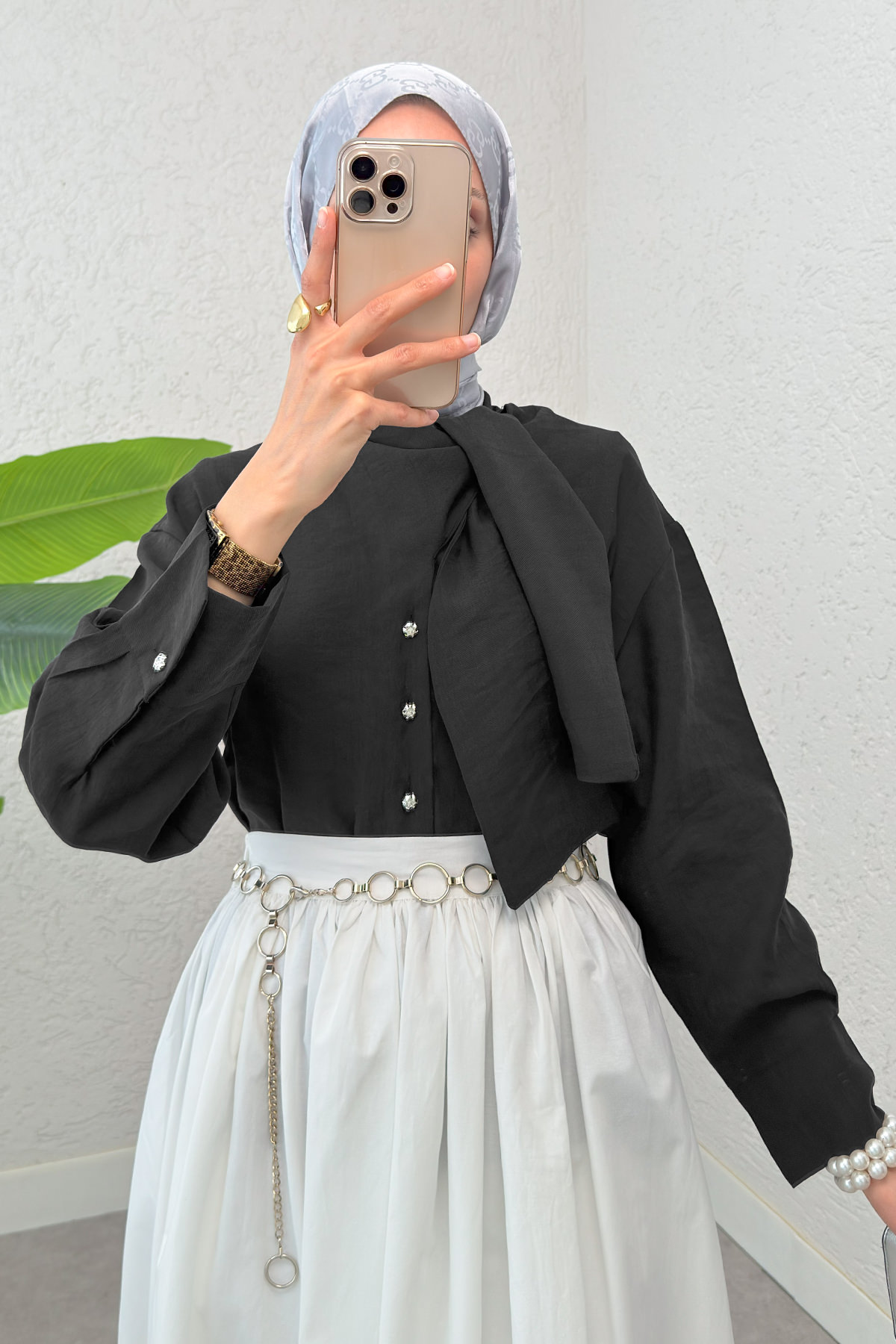 Fular Yakalı Tesettür Gömlek 2298 - SİYAH |  