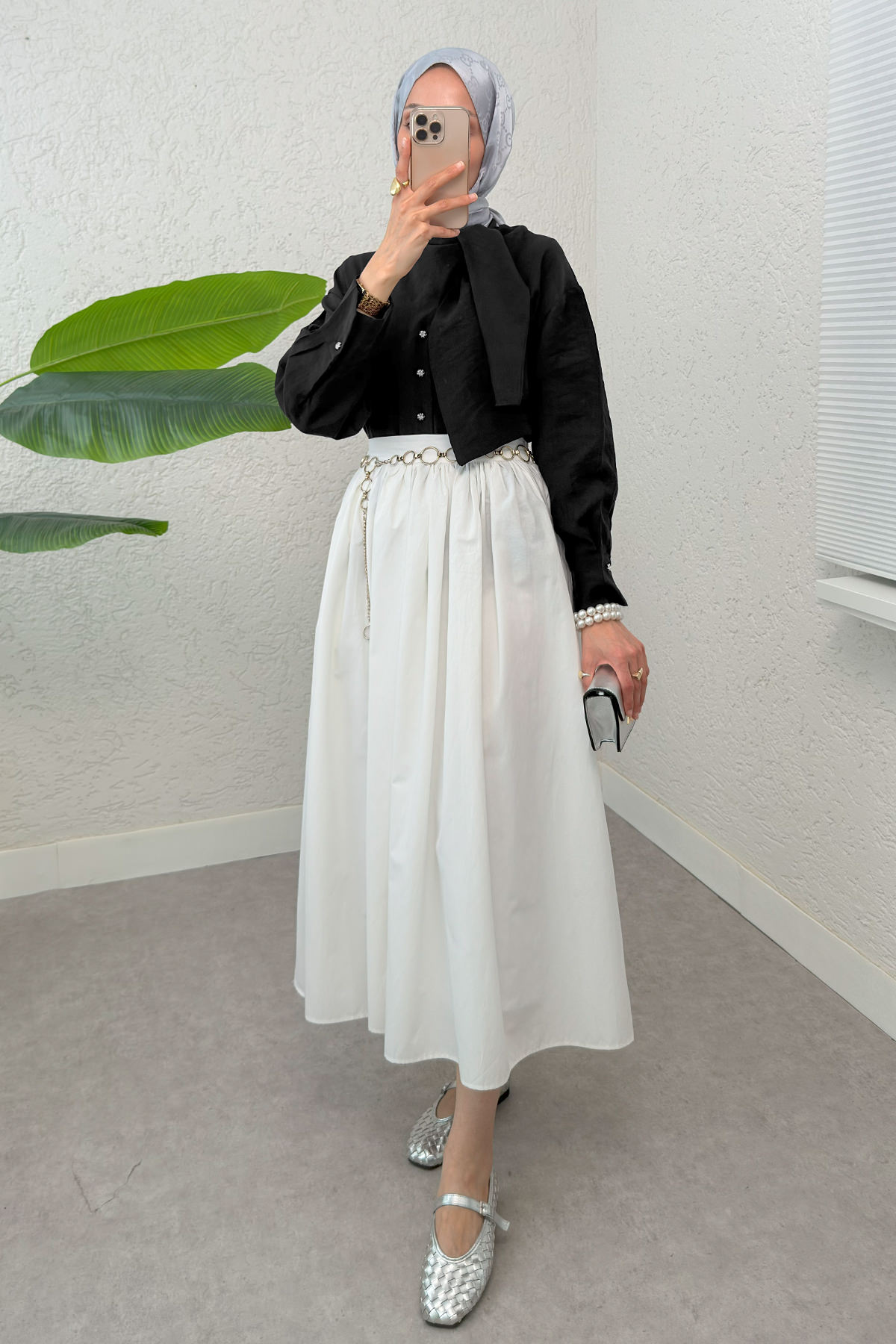 Fular Yakalı Tesettür Gömlek 2298 - SİYAH |  