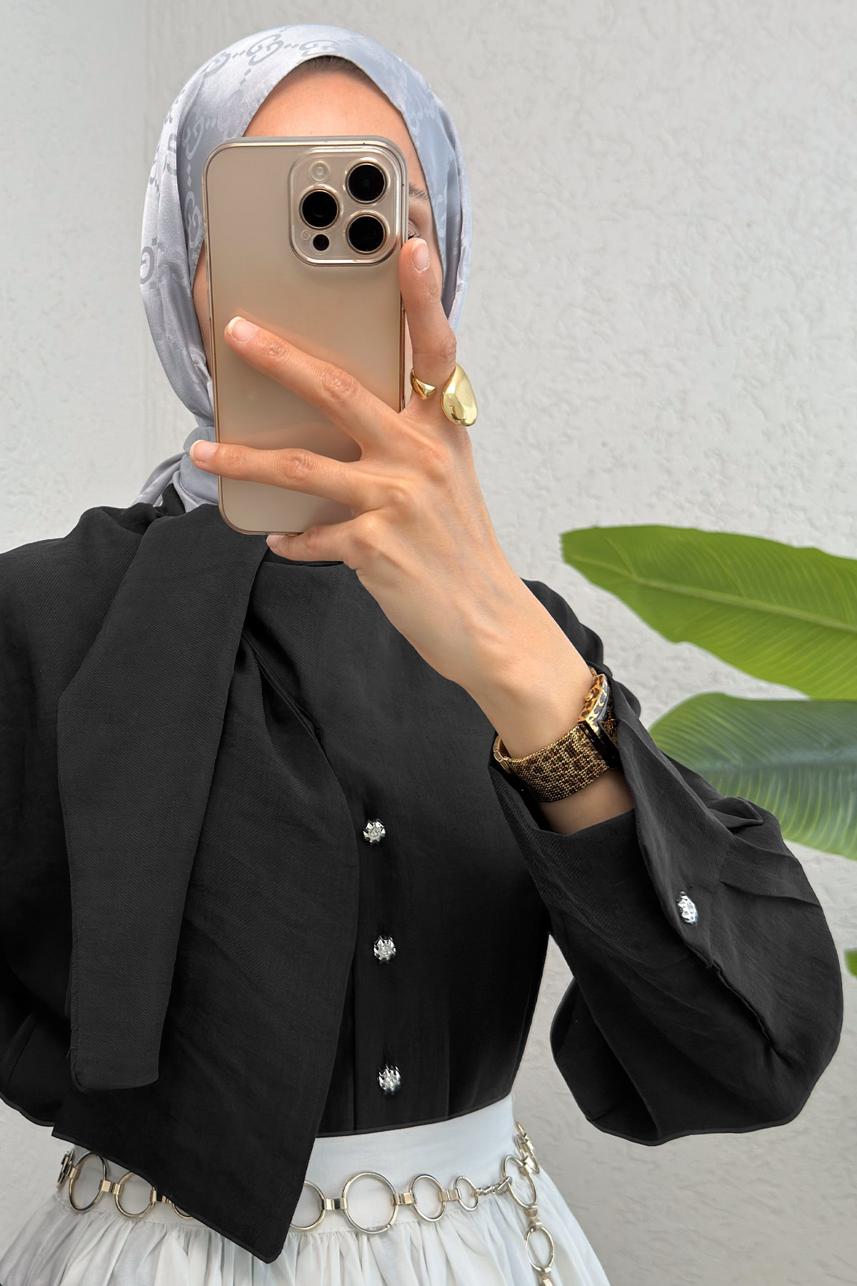 Fular Yakalı Tesettür Gömlek 2298 - SİYAH |  