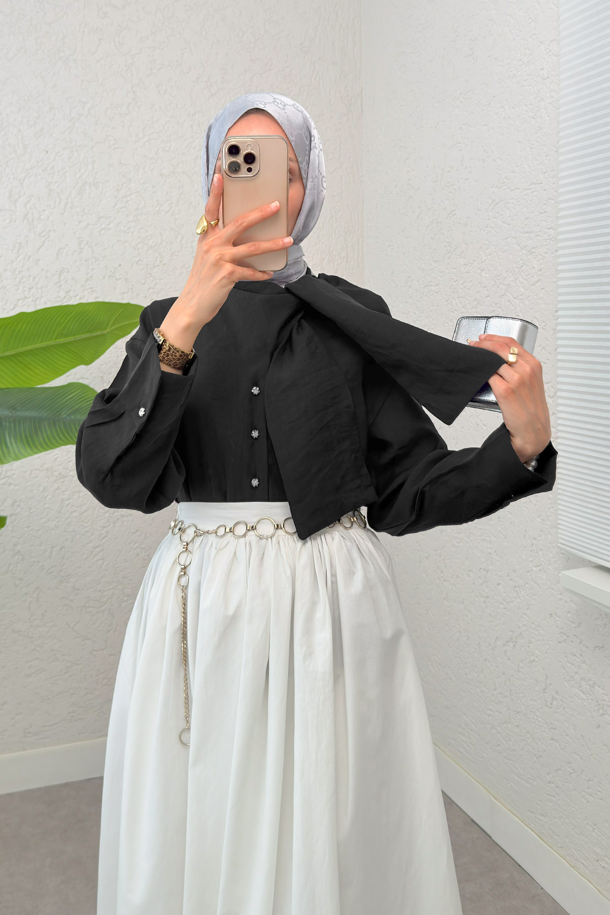 Fular Yakalı Tesettür Gömlek 2298 - SİYAH |  