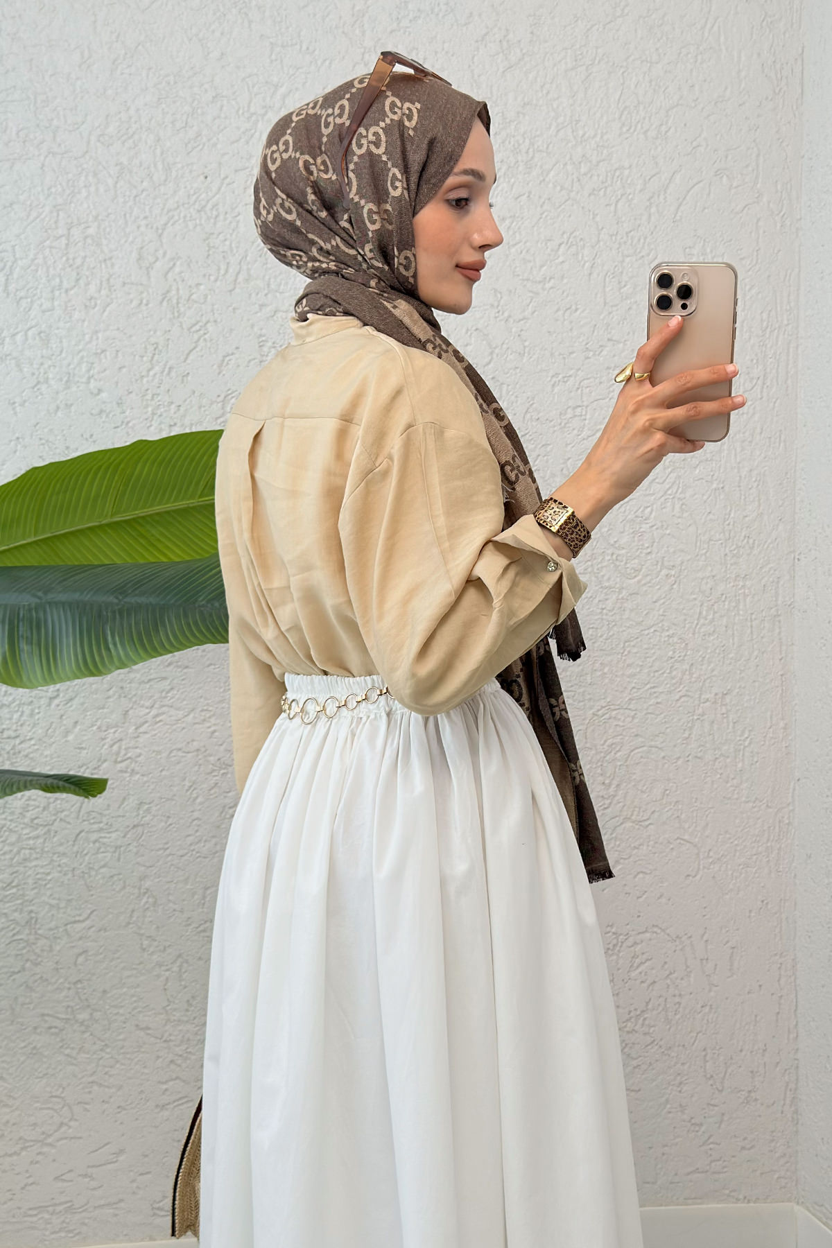Fular Yakalı Tesettür Gömlek 2298 - BEJ |  