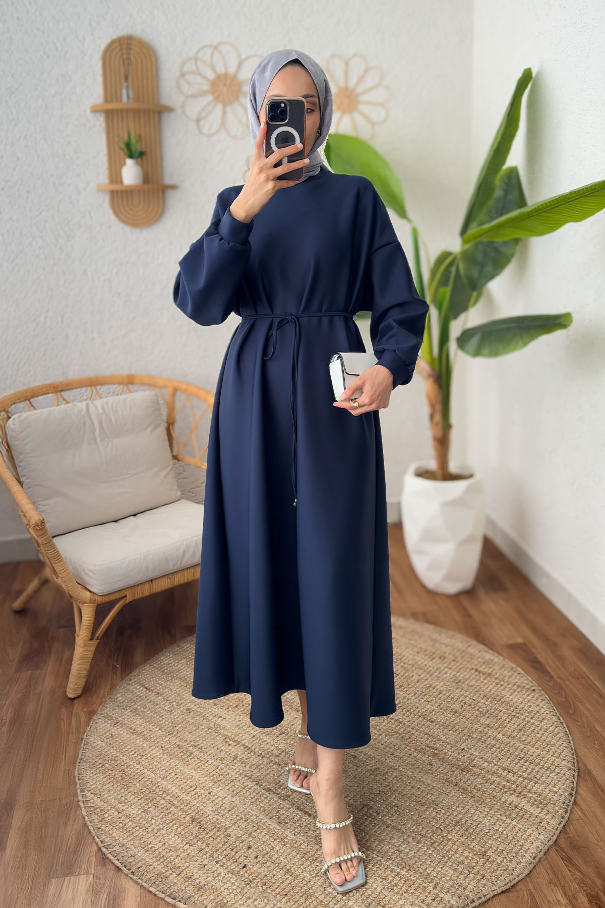 İp Kuşaklı Scuba Elbise 2211 - LACİVERT |  