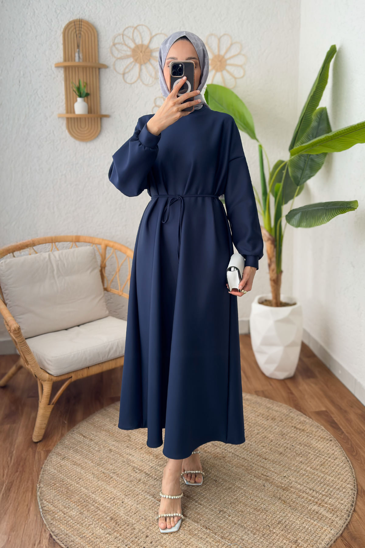 İp Kuşaklı Scuba Elbise 2211 - LACİVERT |  