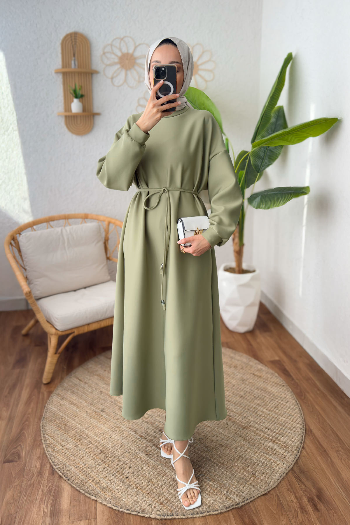 İp Kuşaklı Scuba Elbise 2211 - AÇIK HAKİ |  